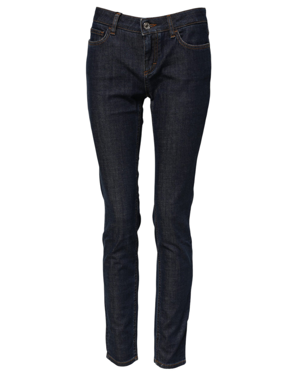 Jeans skinny en coton bleu Dolce & Gabbana, taille mi-haute, avec poches et coutures visibles.