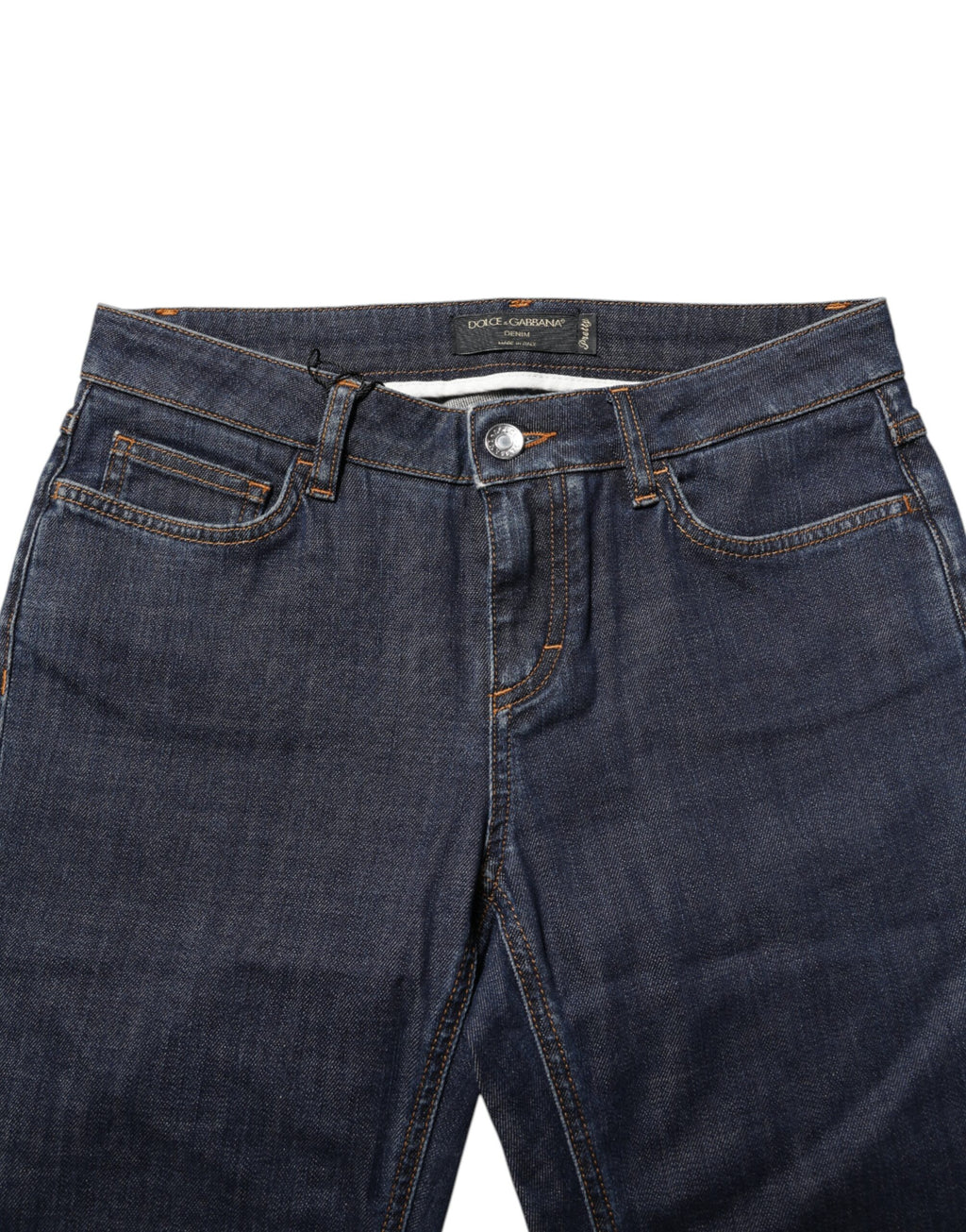 Jeans skinny en coton bleu Dolce & Gabbana à taille moyenne, vue de face avec détails des poches et couture.