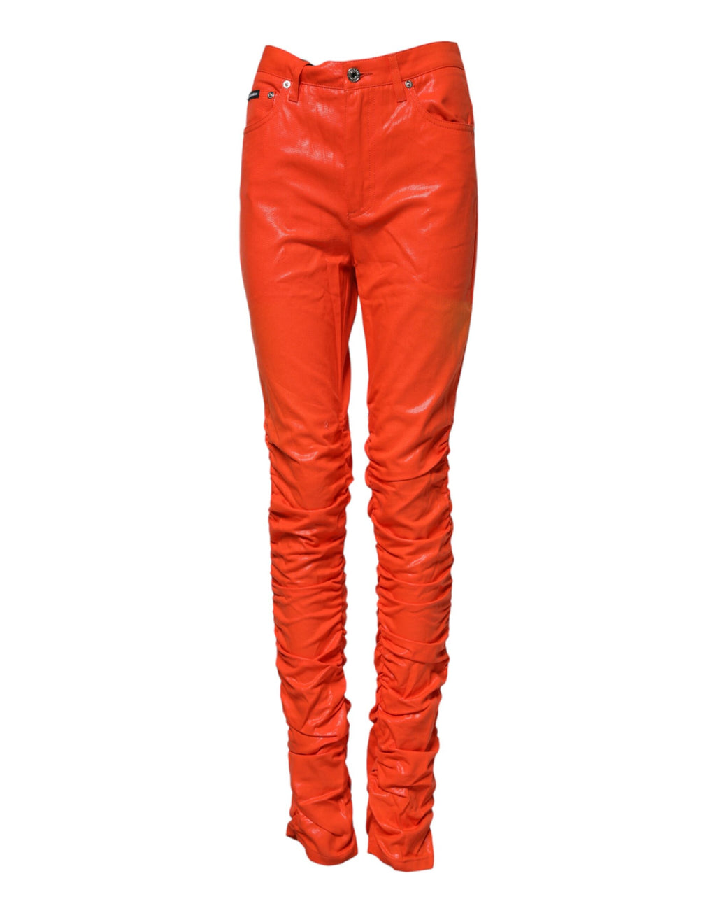 Jeans en denim orange Dolce & Gabbana à taille haute, coupe classique, avec détails en coton, mode chic et tendance.