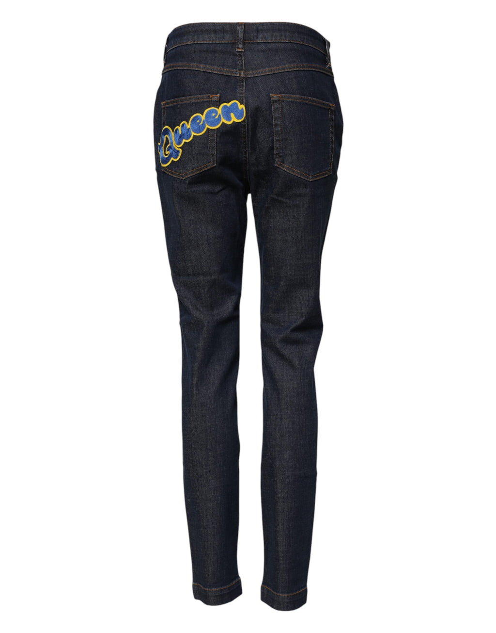 Jeans en denim Dolce & Gabbana Blue Queen Patch AUDREY taille moyenne, détail patch bleu et coupe moderne.