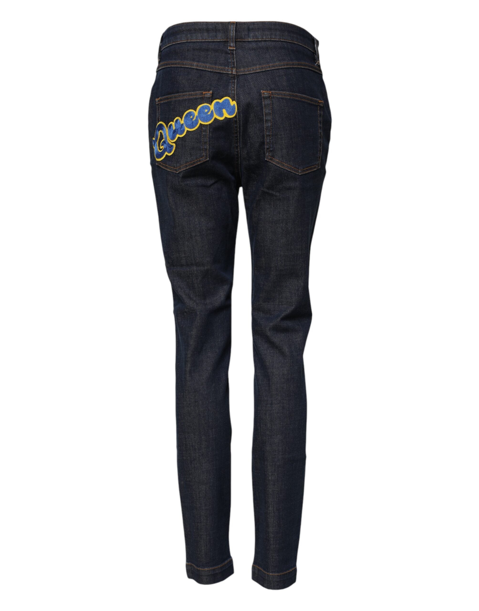 Jeans en denim Dolce & Gabbana Blue Queen Patch AUDREY taille moyenne, détail patch bleu et coupe moderne.