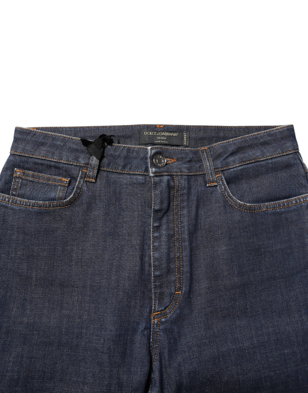 Jeans Dolce & Gabbana Blue Queen Patch AUDREY en denim taille moyenne, vue de face avec détails de patchs et coupe ajustée.