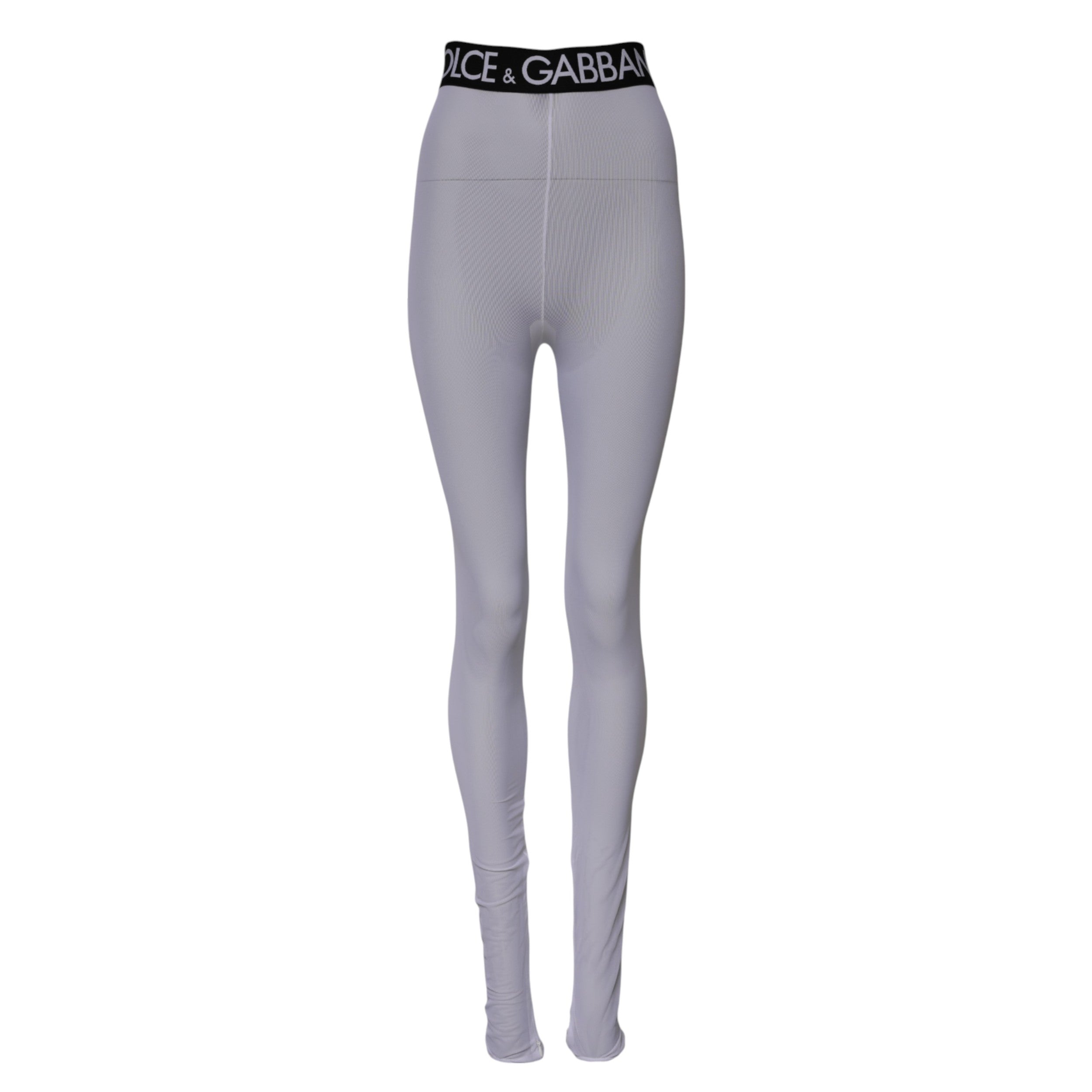 Légins gris en nylon Dolce & Gabbana avec logo DG, taille moyenne, coupe ajustée, visible en détail dans l'image.