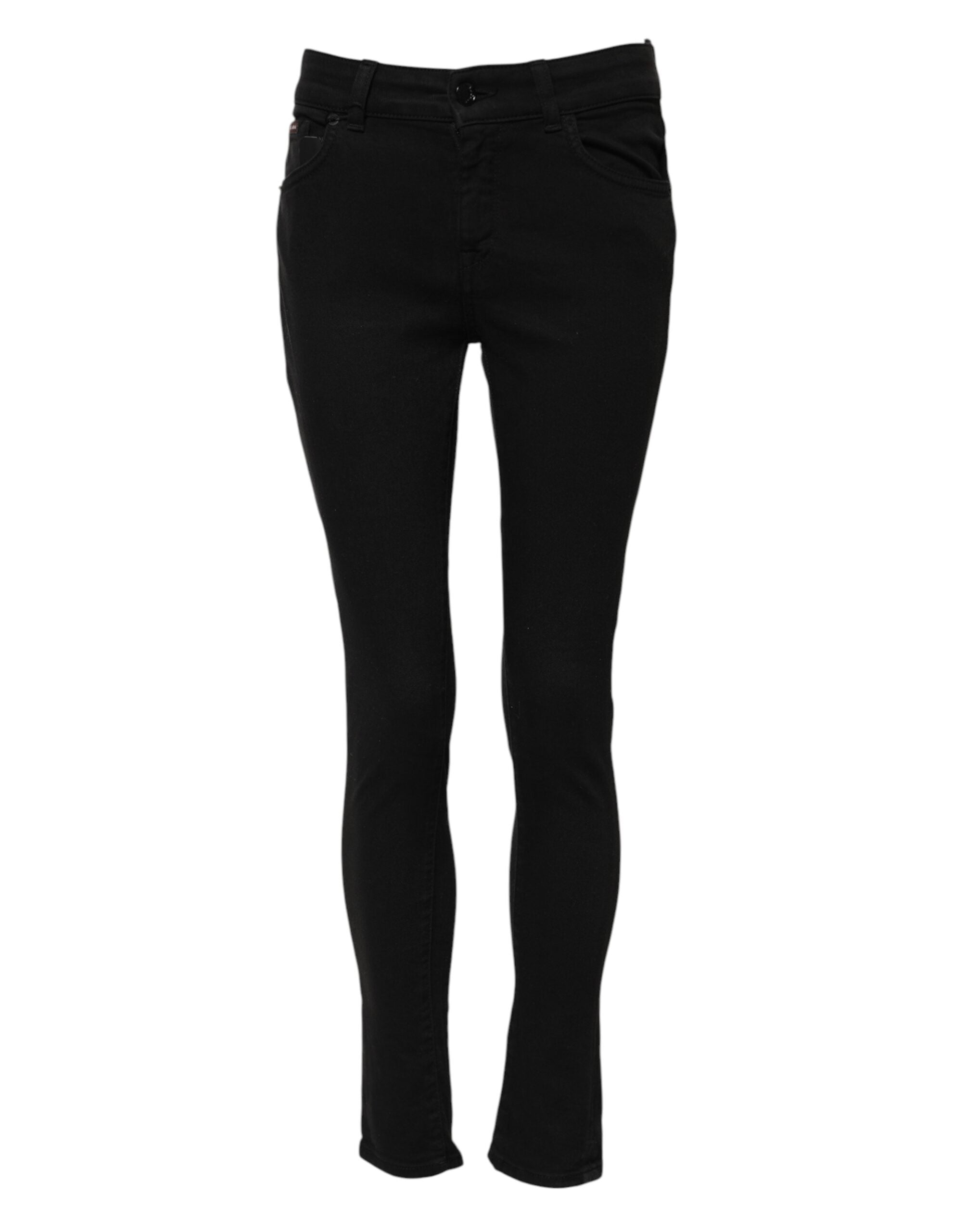 Jeans slim en coton noir Dolce & Gabbana, taille mi-haute, style skinny, visible sur un mannequin.