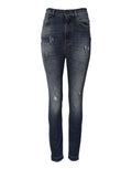 Jeans en denim bleu lavé Dolce & Gabbana, taille haute, coupe classique, visibles sur le mannequin.