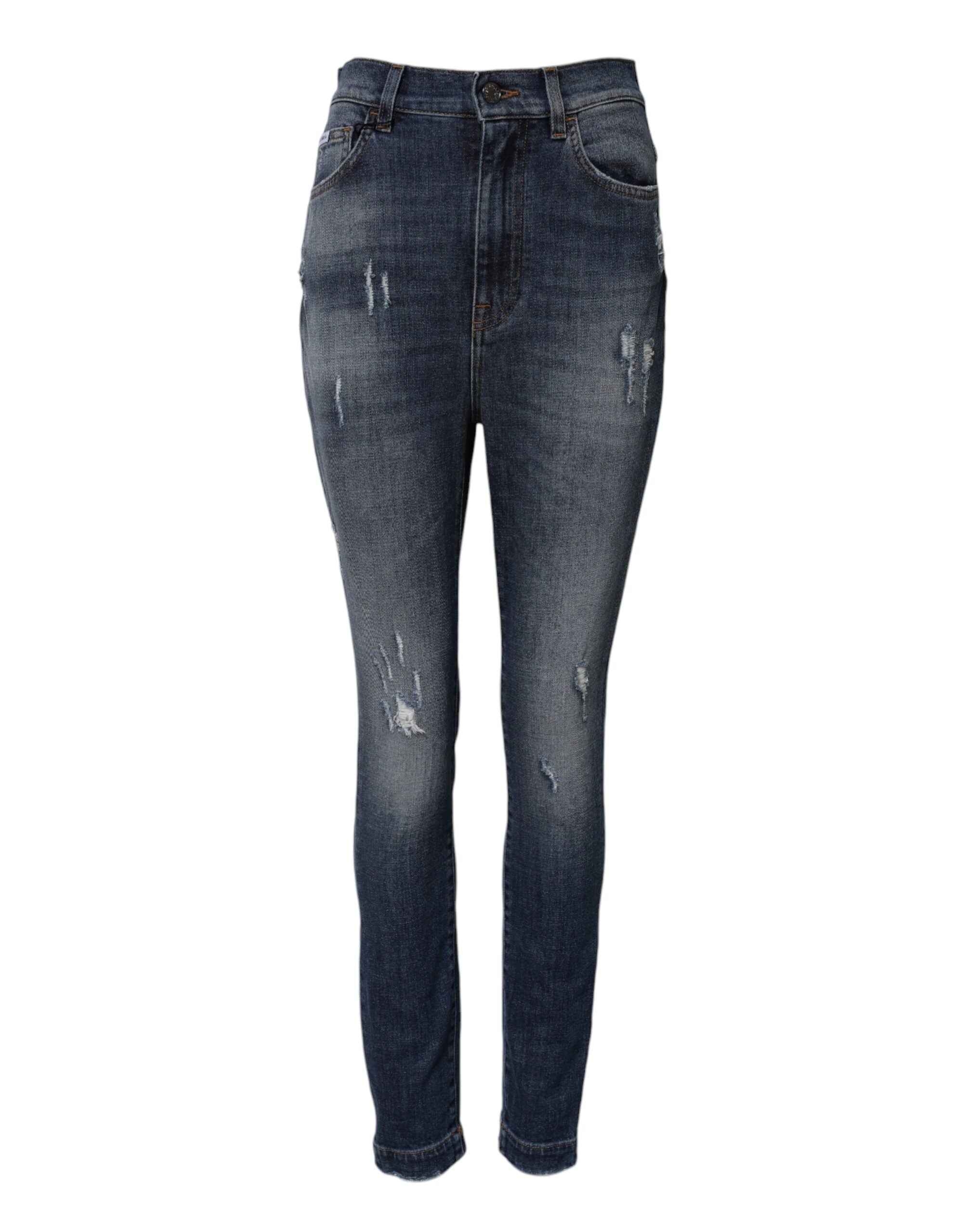 Jeans en denim bleu lavé Dolce & Gabbana, taille haute, coupe classique, visibles sur le mannequin.