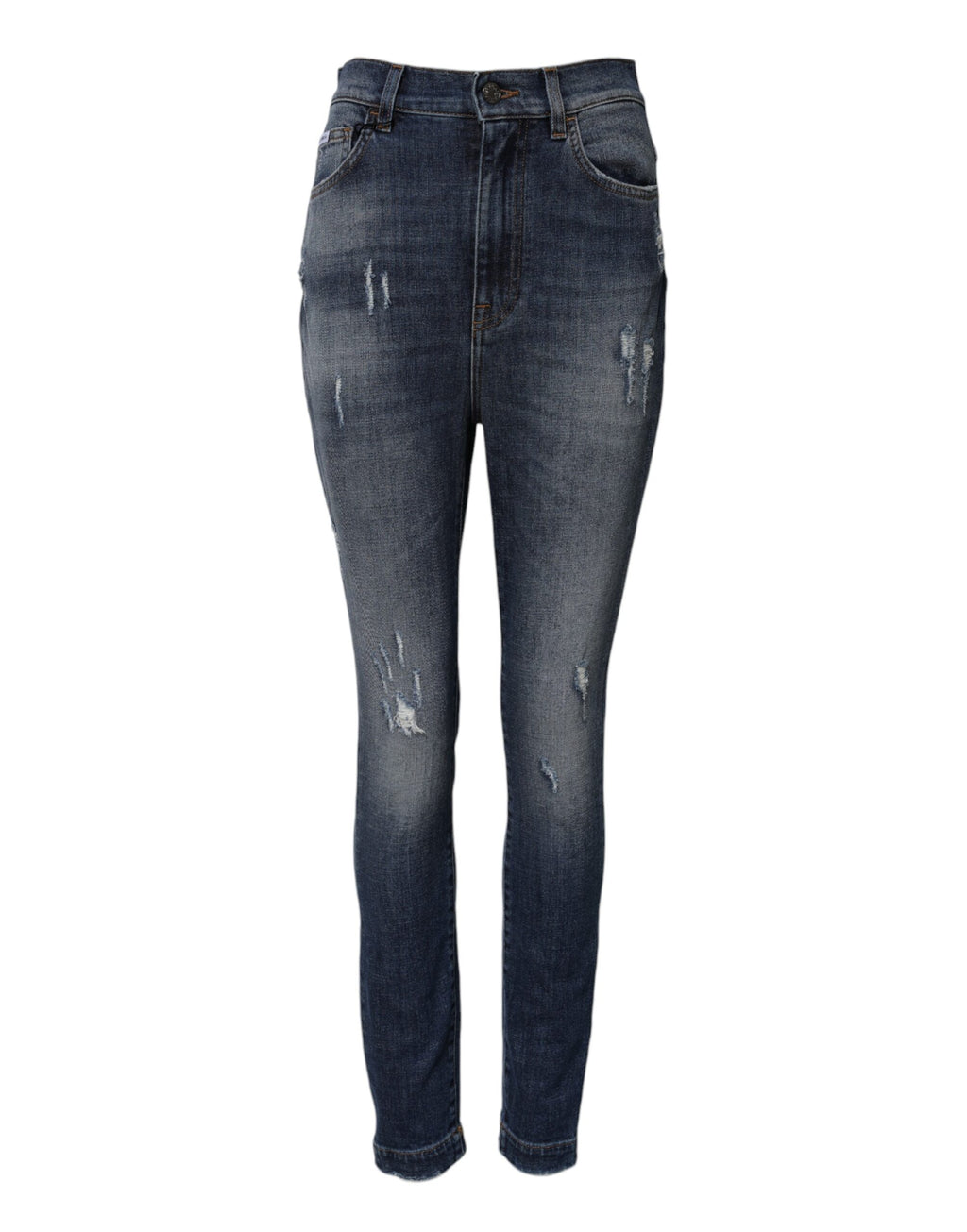 Jeans en denim bleu à taille haute Dolce & Gabbana en coton lavé, visibles avec une coupe slim et détails en denim.