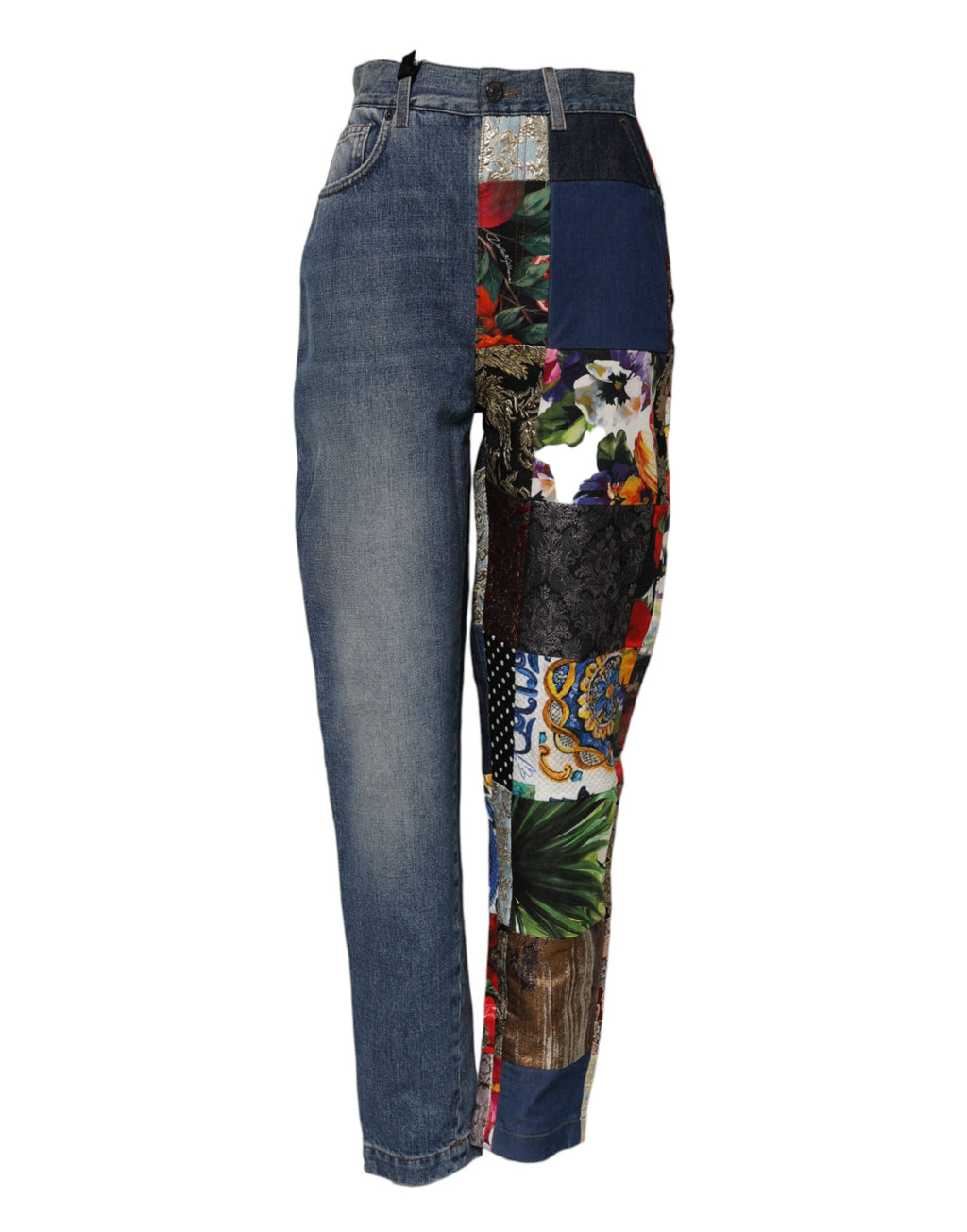 Jeans en denim à taille haute Dolce & Gabbana Blue AMBER avec patchwork et détails mode, vue de face.