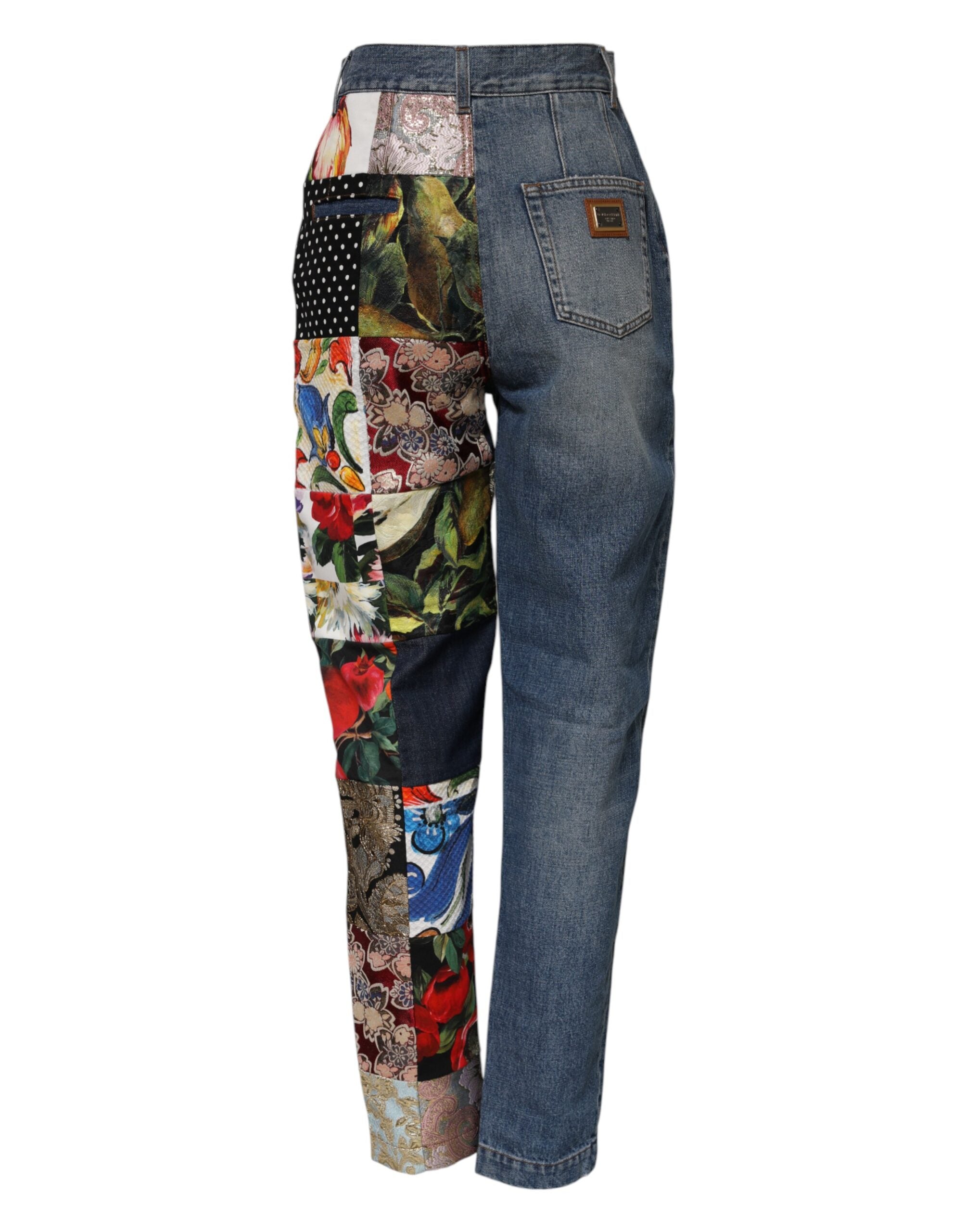 Jeans en denim à taille haute Dolce & Gabbana Blue Amber à patchwork, style tendance avec détails colorés.