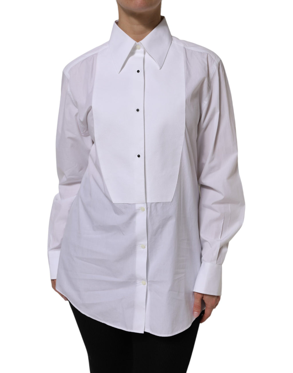 Chemise blanche en coton à manches longues et col Dolce & Gabbana, vue de face, détails du col et des manches visibles.