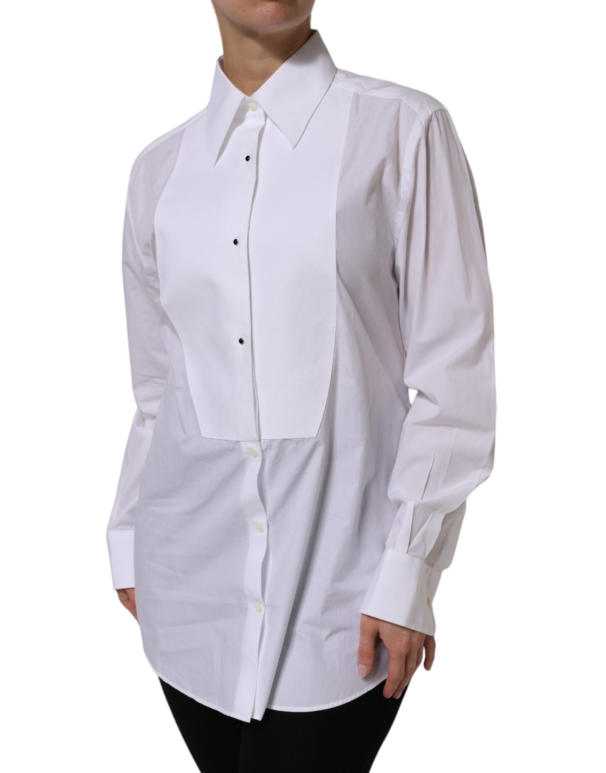 Chemisier blanc en coton Dolce & Gabbana avec col et manches longues, élégant et classique.