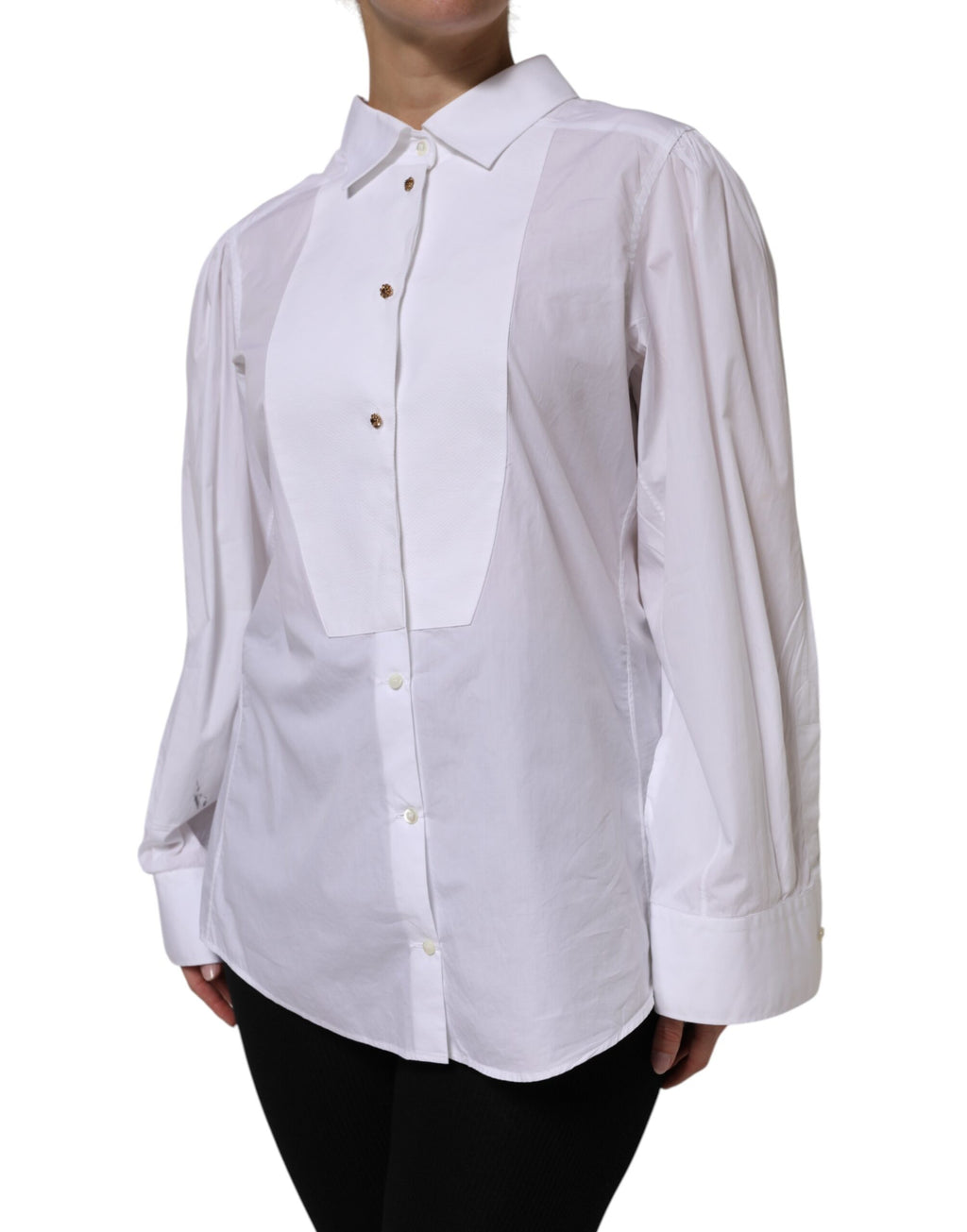 Chemise formelle blanche en coton Dolce & Gabbana à manches longues, élégante et sophistiquée, vue de face.