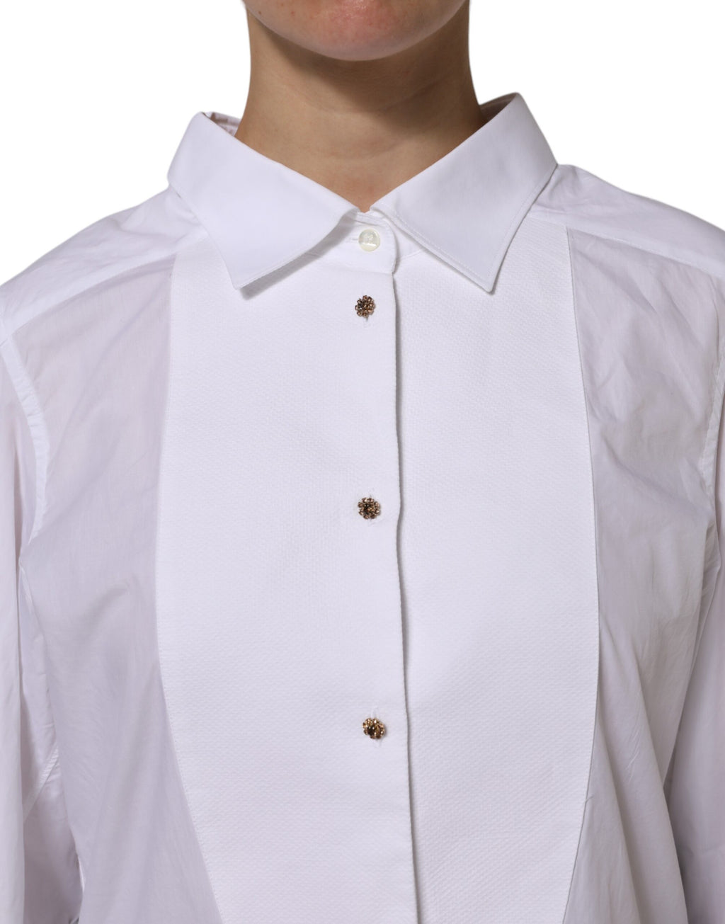 Chemise blanche en coton à manches longues de Dolce & Gabbana, style formel et élégant pour femmes.