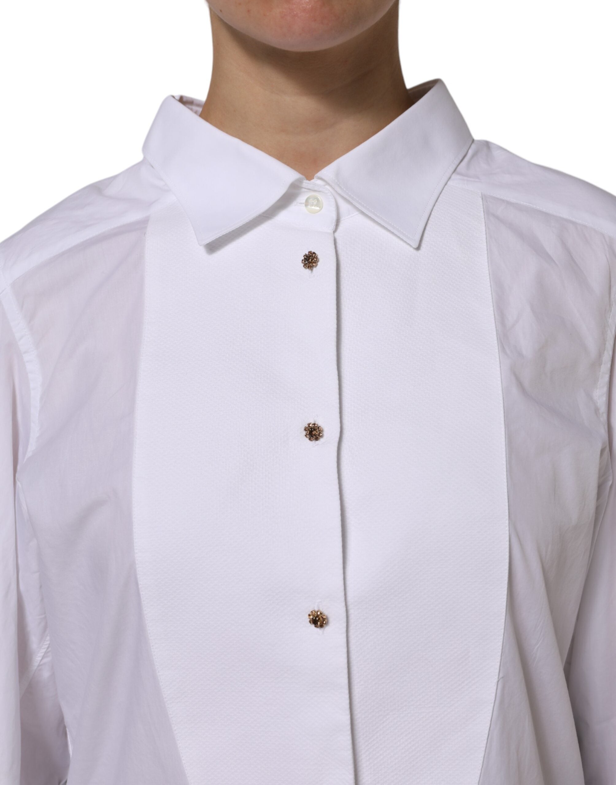 Chemise blanche en coton à manches longues de Dolce & Gabbana, style formel et élégant pour femmes.