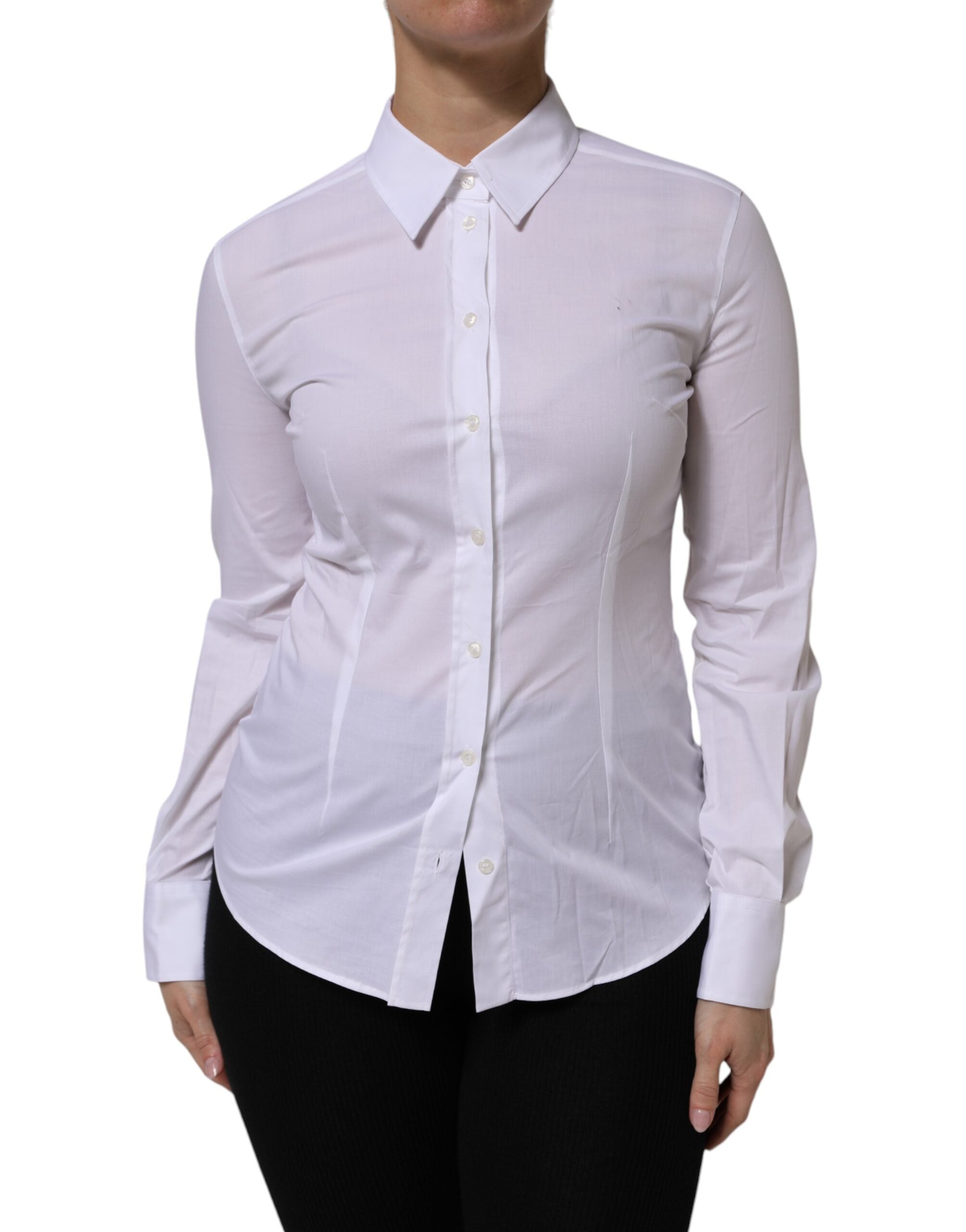 Chemise blanche en coton à manches longues et col Dolce & Gabbana, vue de face.