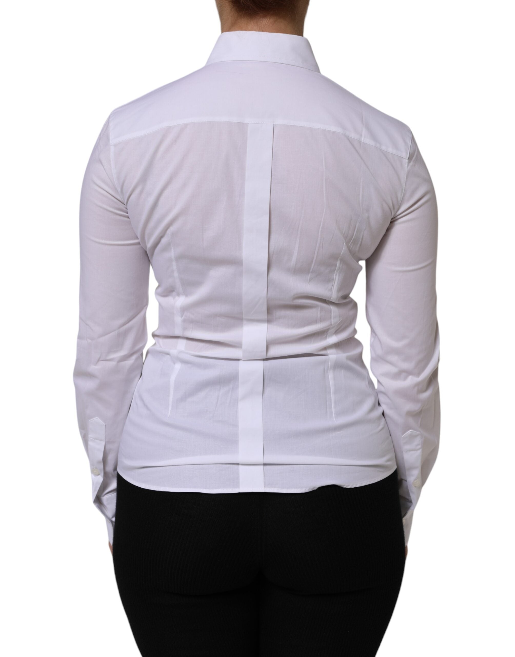 Chemise blanche Dolce & Gabbana en coton à col et manches longues, élégante et sophistiquée, vue de face.