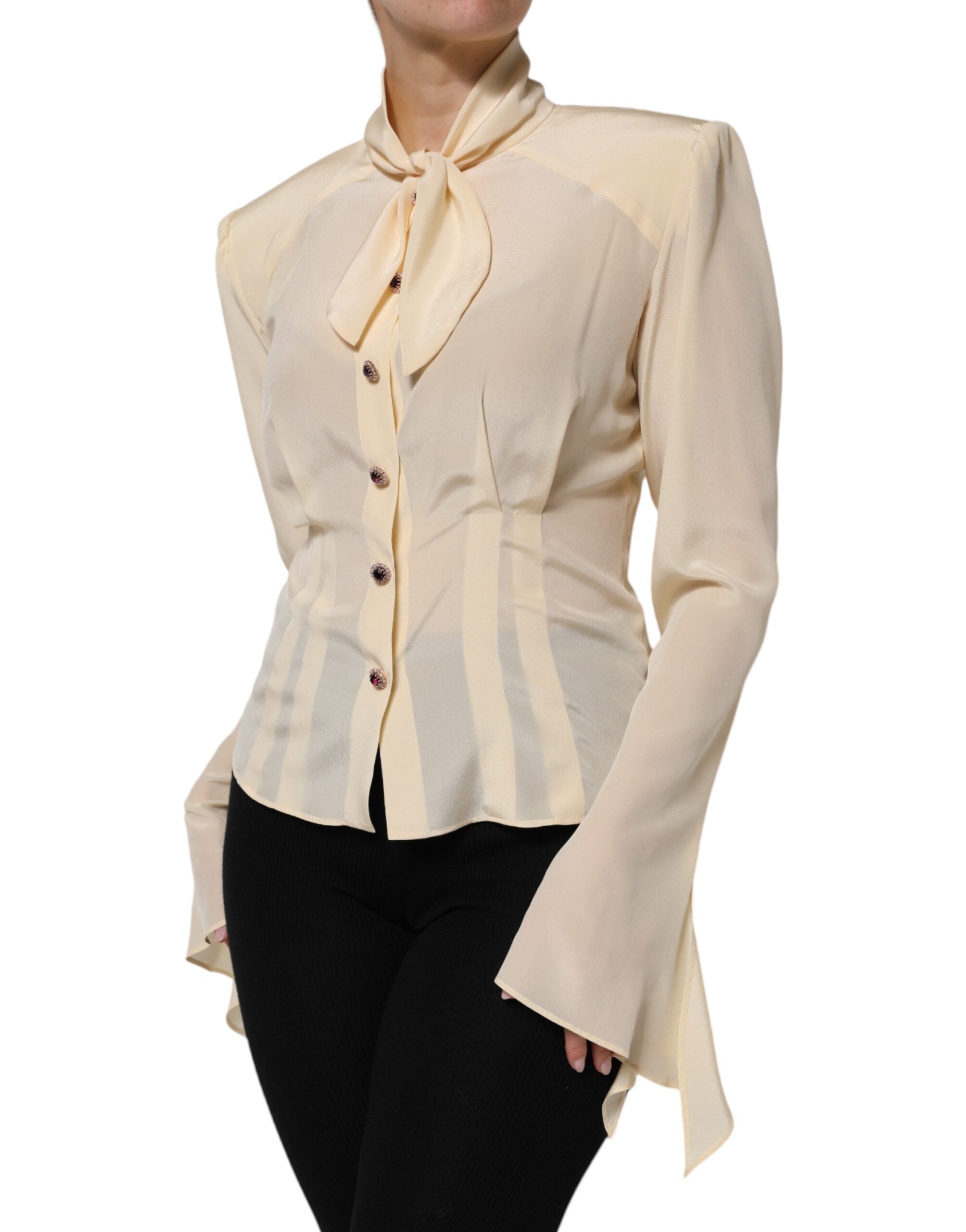 Chemise Dolce & Gabbana à col ascot jaune clair avec boutons, tissu léger et élégant, vue de face.