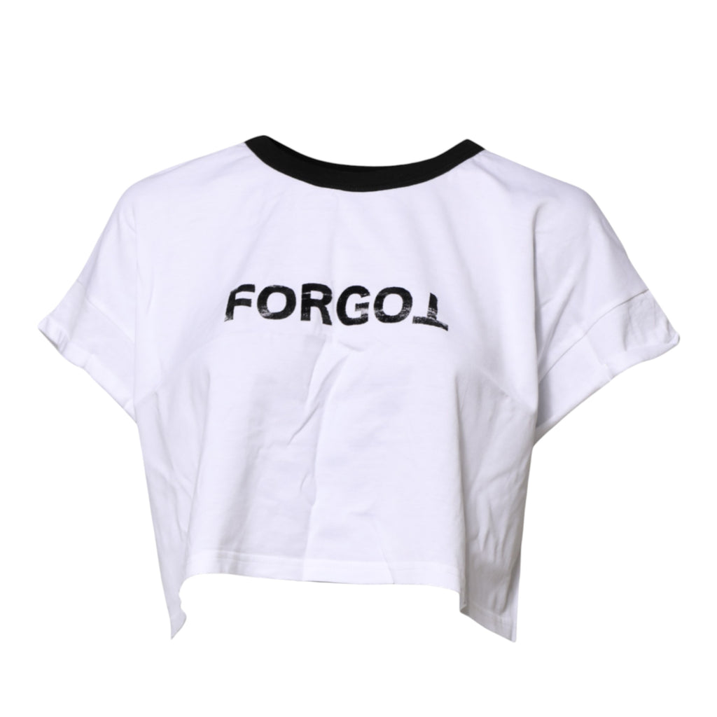 T-shirt cropée blanche Dolce & Gabbana à col rond avec impression graphique, courte et moderne.