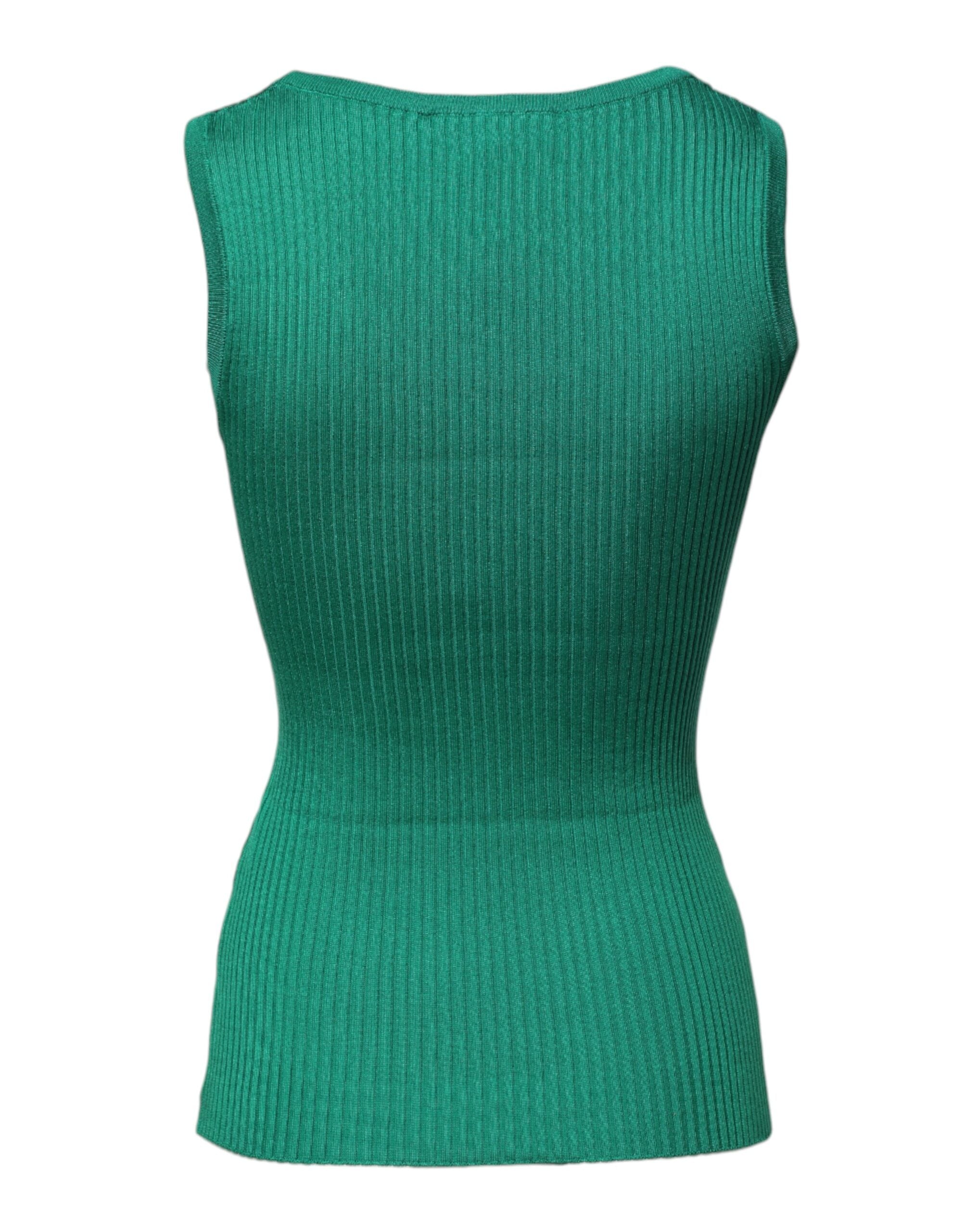 Débardeur sans manches en soie verte de Dolce & Gabbana avec col rond, vue de face.