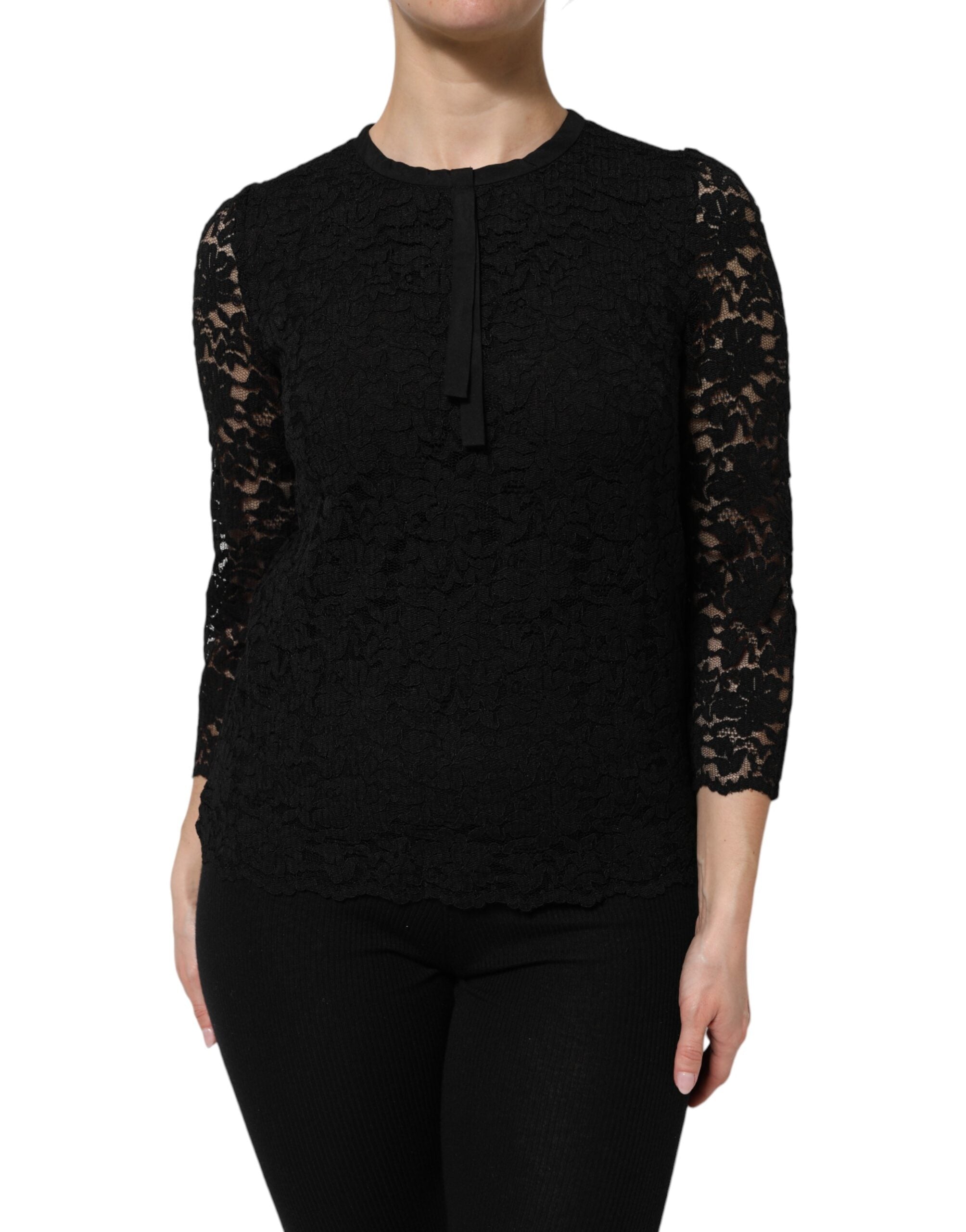 Chemise noire en nylon avec dentelle à manches longues de Dolce & Gabbana, détail élégant et sophistiqué.
