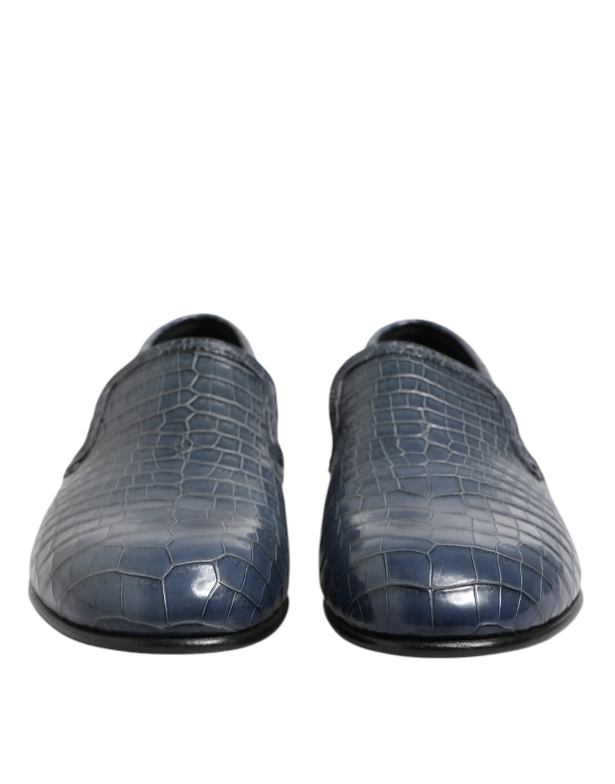 Chaussures homme Dolce & Gabbana mocassins en cuir exotique bleu, slip-on élégants pour costume ou tenue formelle.