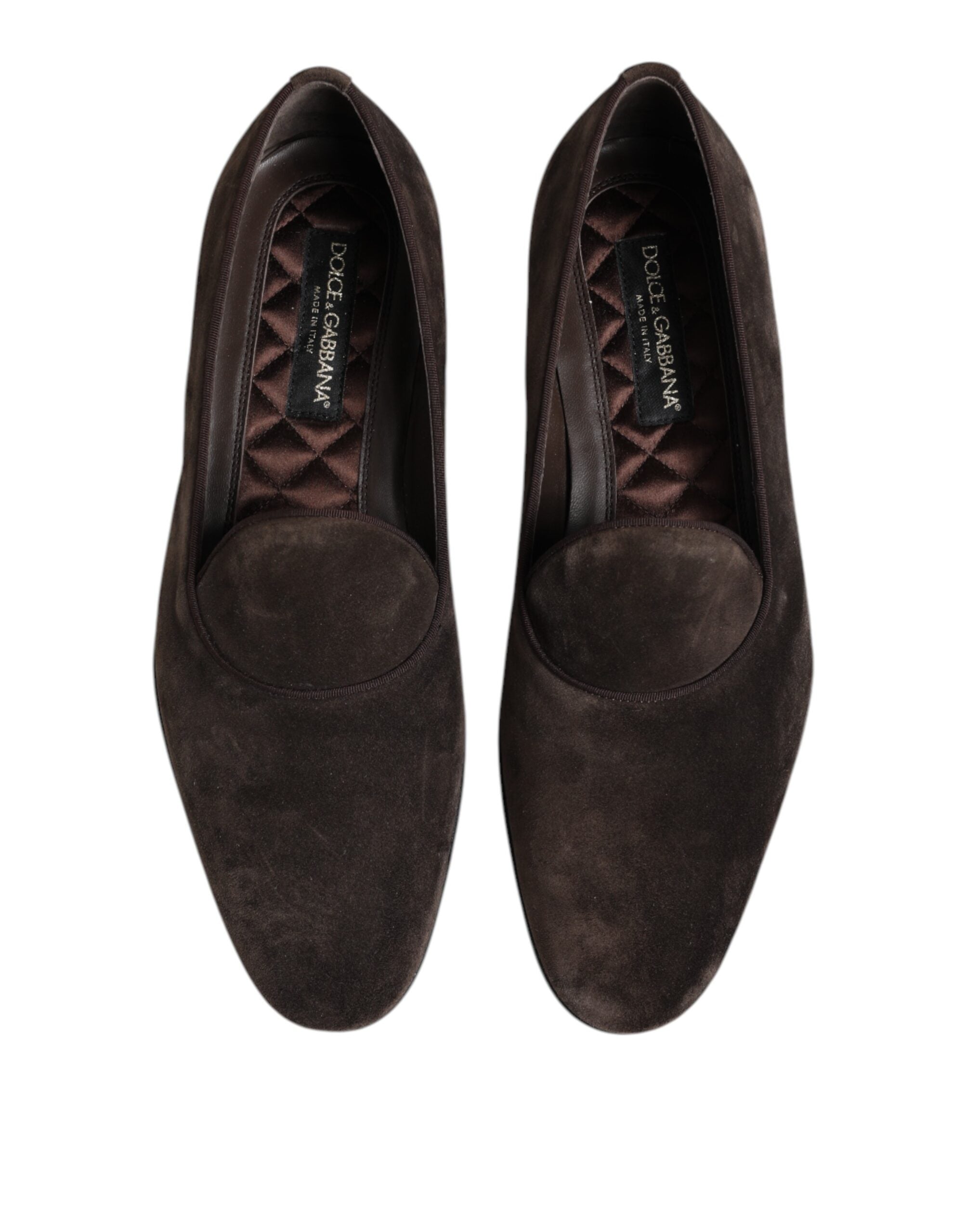 Chaussures mocassins Dolce & Gabbana en velours marron et cuir, sans lacets, avec design élégant et confortable.