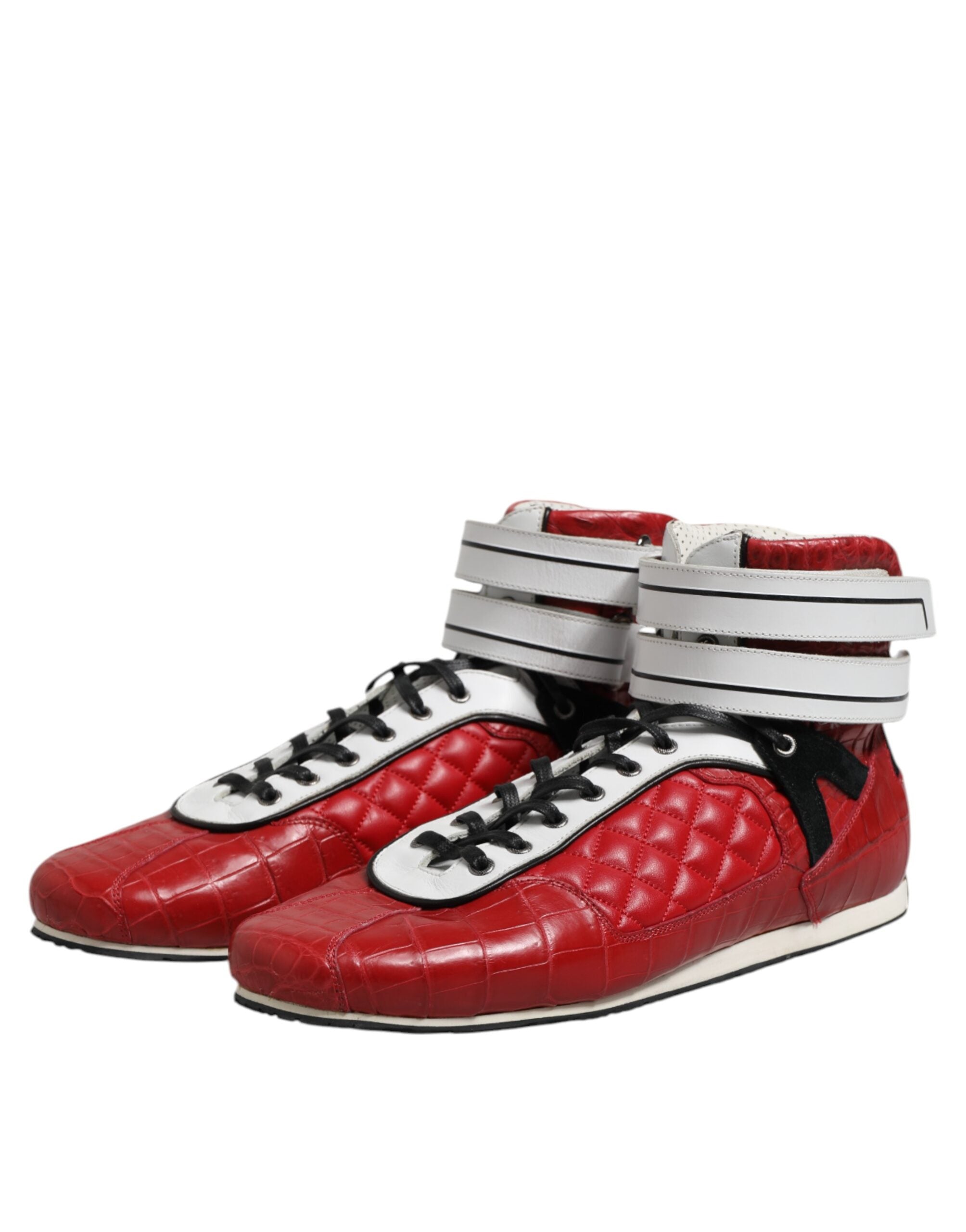 Chaussures sneakers en cuir rembourré rouge Dolce & Gabbana avec lacets, vue de face.