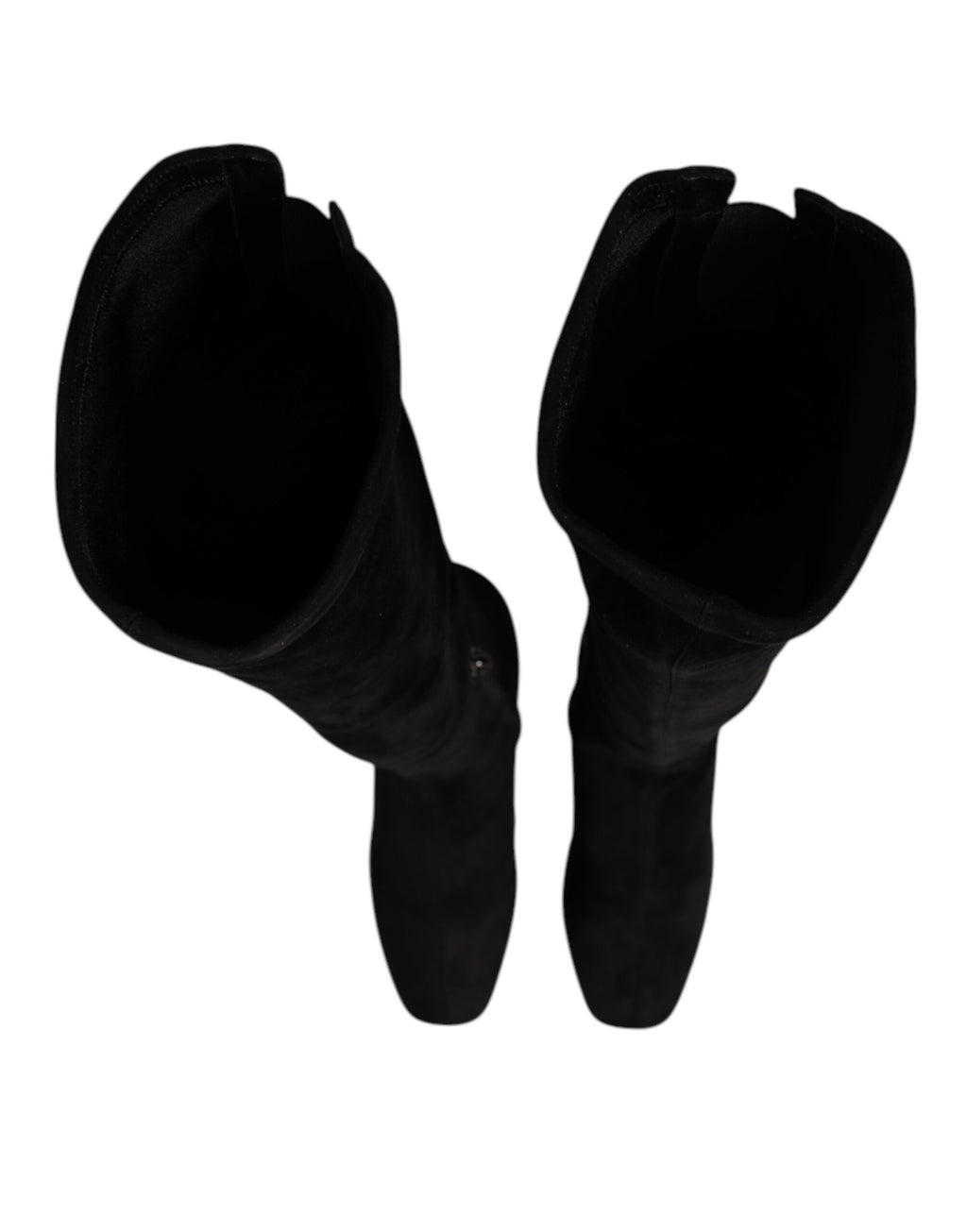 Bottes en cuir suédé noir Dolce & Gabbana, à hauteur du genou, avec talon élégant et design sophistiqué.