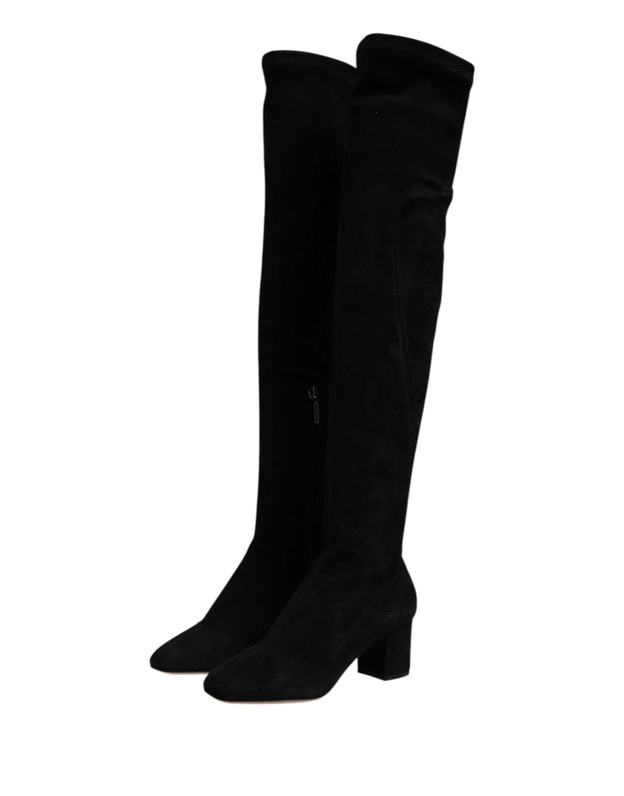 Bottes en cuir suédé noir Dolce & Gabbana, hauteur genou, chaussures élégantes pour femmes.