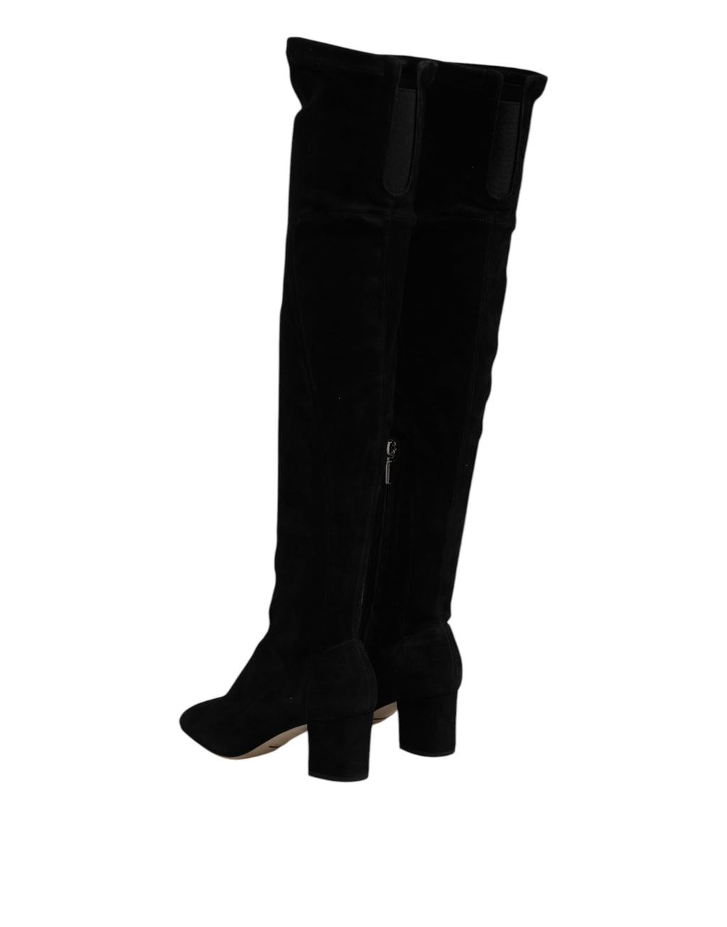 Bottes en cuir suédé noir Dolce & Gabbana, chaussures hautes jusqu'au genou, style élégant et sophistiqué.