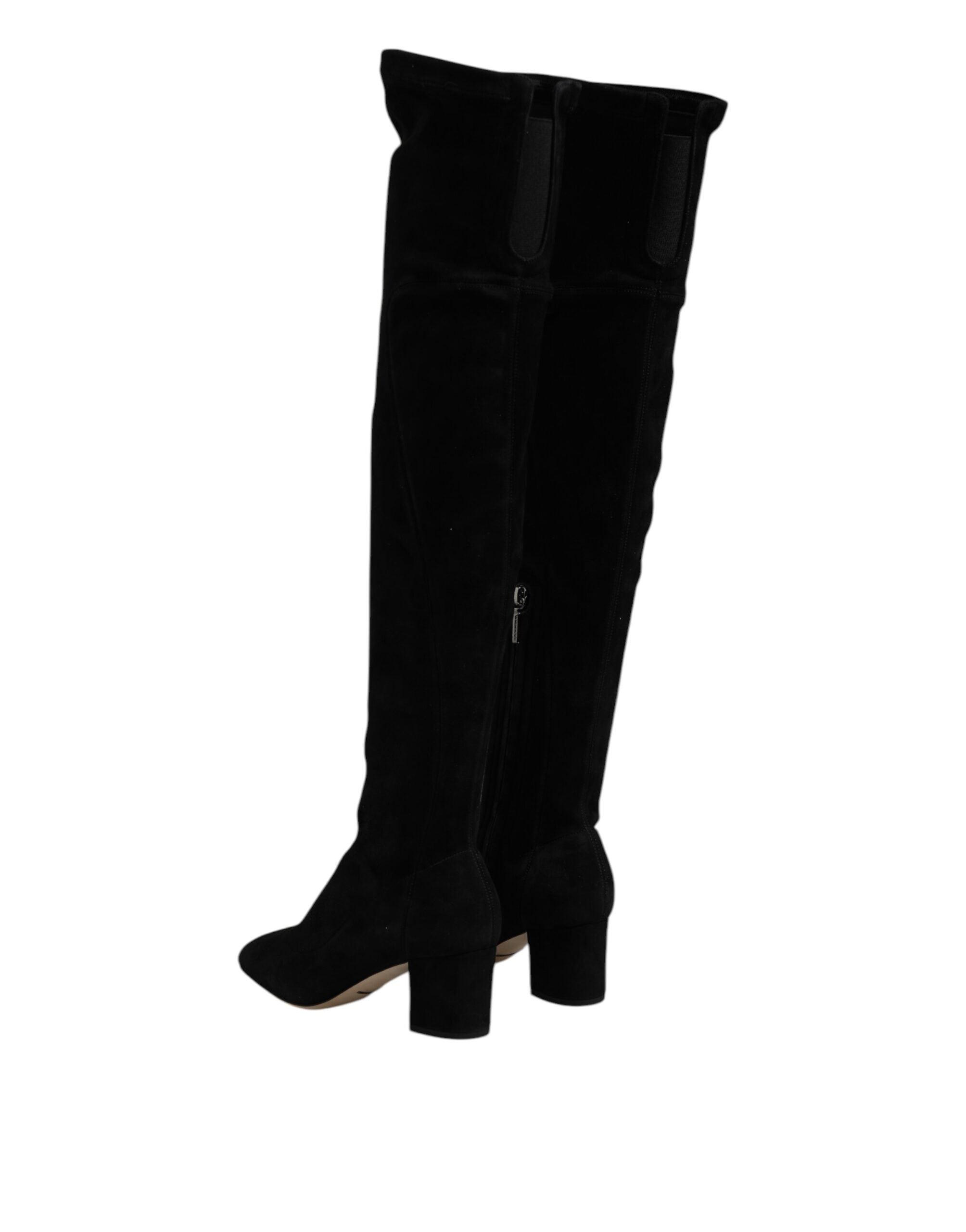 Bottes en cuir suédé noir Dolce & Gabbana, chaussures hautes jusqu'au genou, style élégant et sophistiqué.