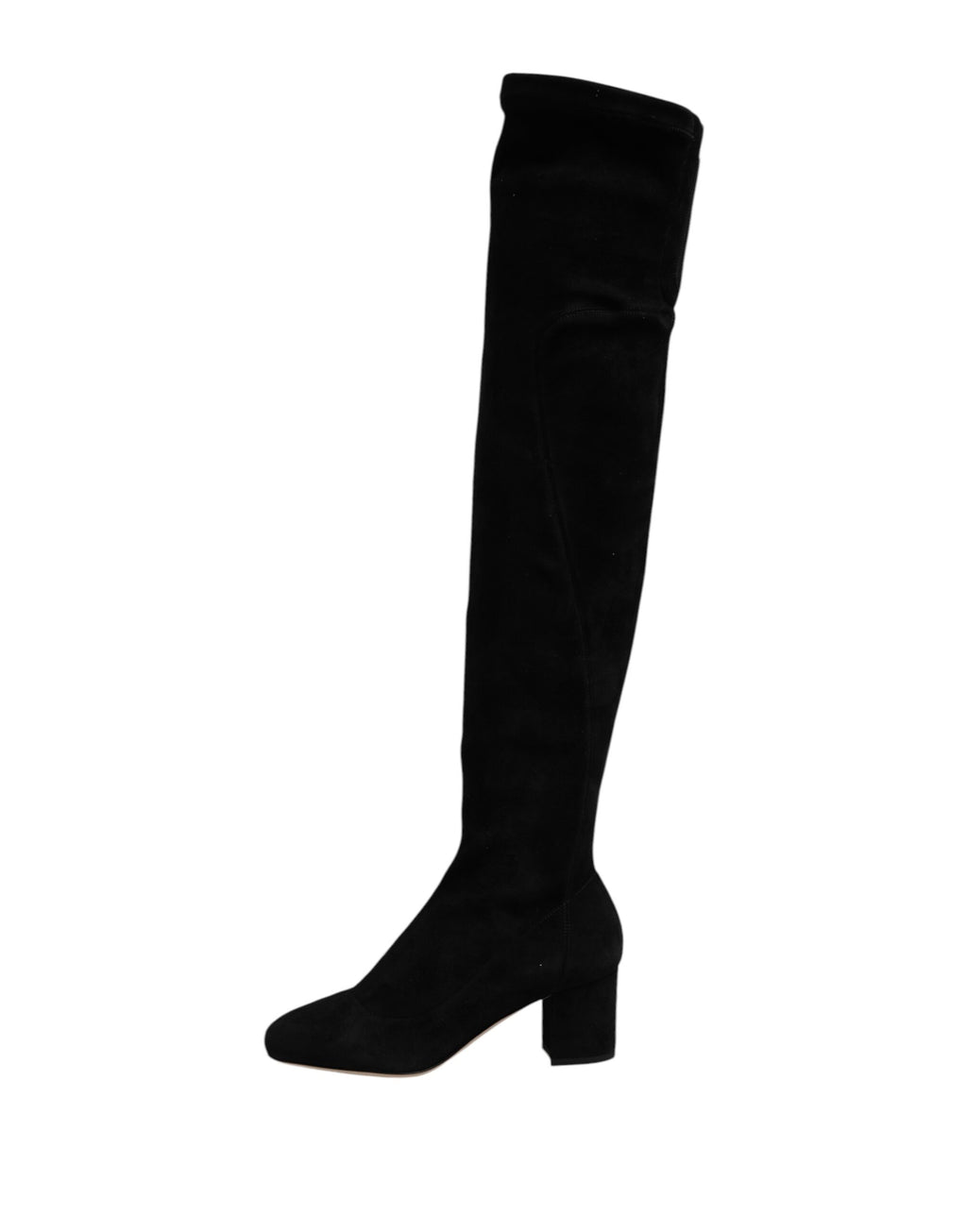 Bottes hautes en cuir suédé noir de Dolce & Gabbana, chaussures élégantes, vue de côté avec détails en cuir.