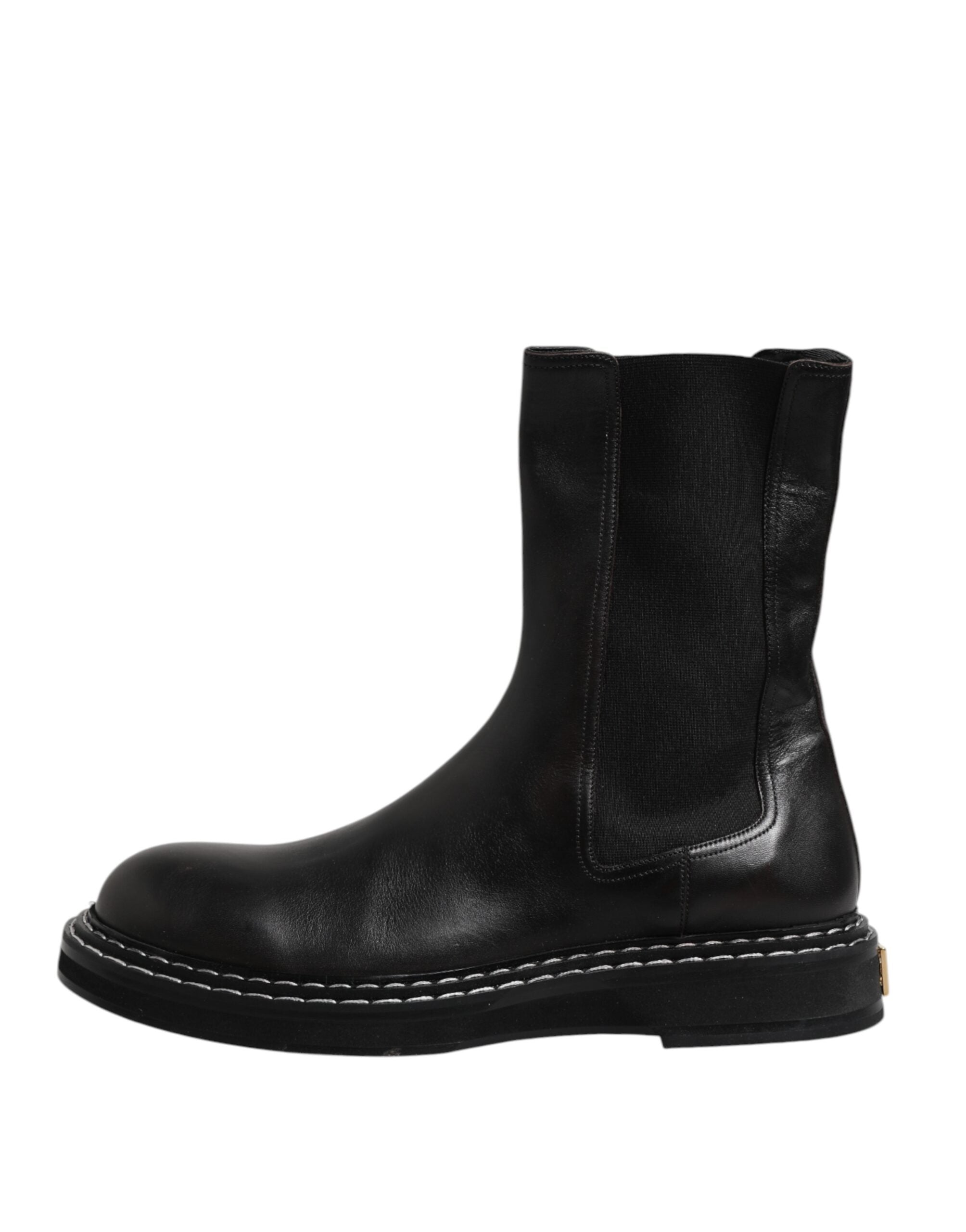 Bottes mi-mollet en cuir noir Dolce & Gabbana, chaussures plates élégantes pour femme.
