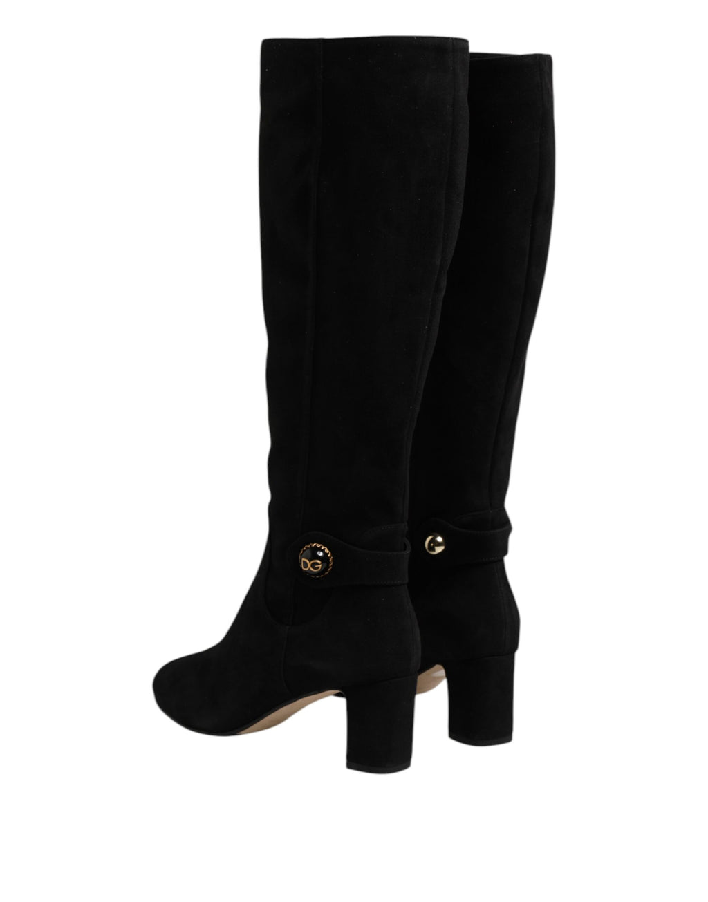 Bottes hautes en daim noir de Dolce & Gabbana, chaussures en cuir élégantes et sophistiquées, vues de face.