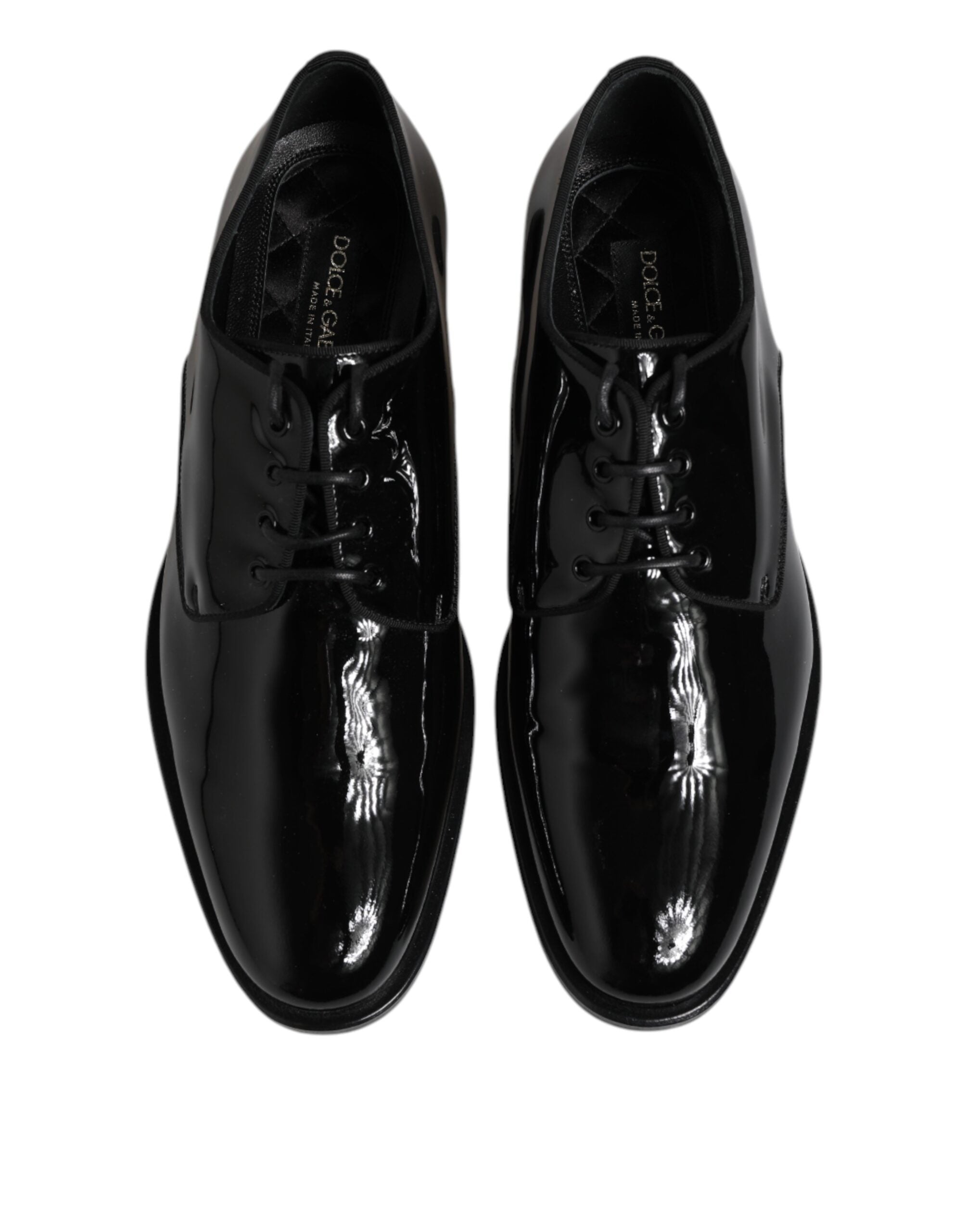 Chaussures Derby en cuir verni noir de Dolce & Gabbana, chaussures formelles élégantes pour homme.