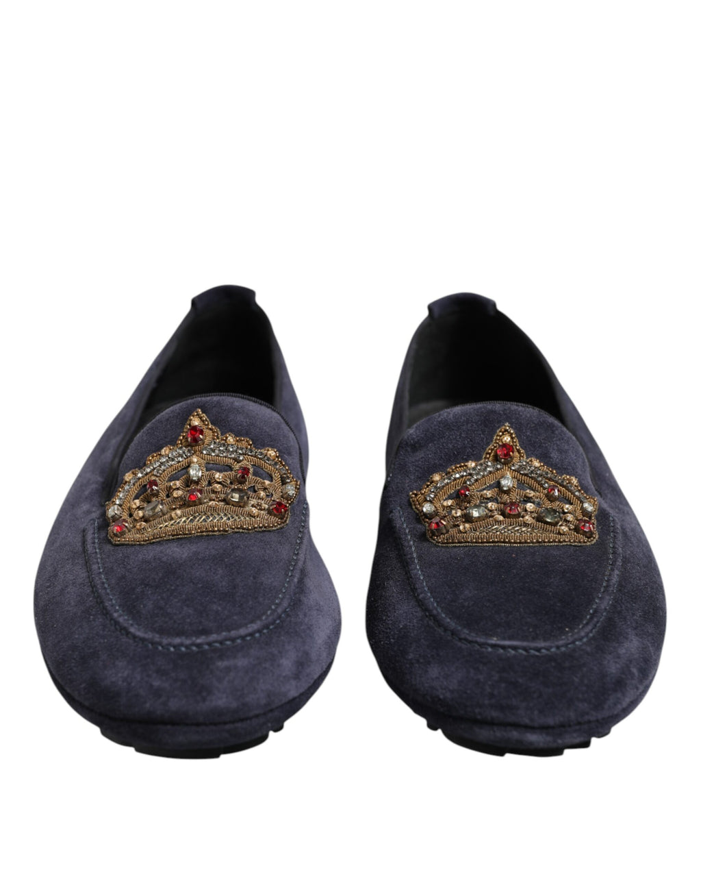 Chaussures Dolce & Gabbana en daim bleu avec couronne en cristal, loafers élégants pour homme.