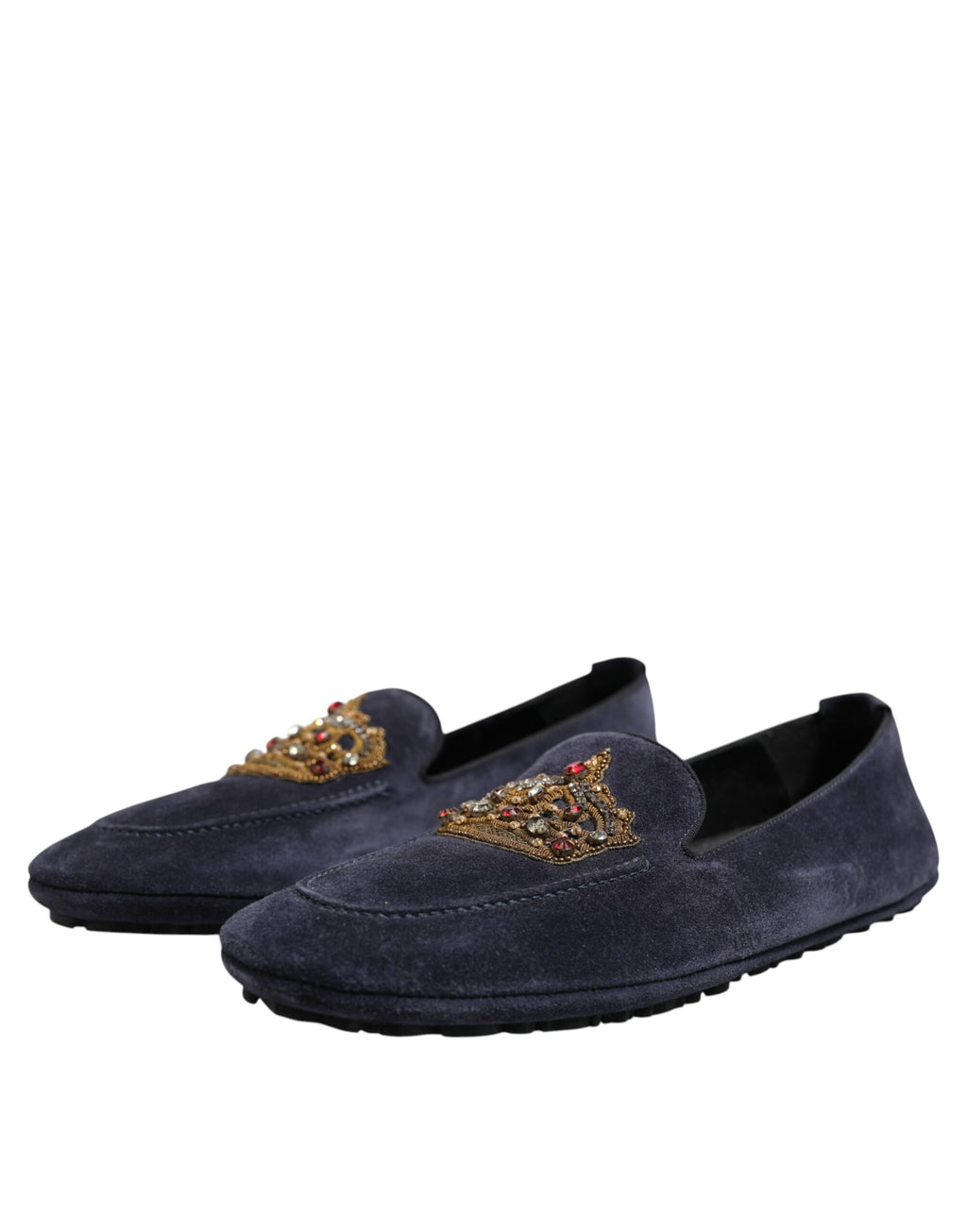 Chaussures habillées Dolce & Gabbana en daim bleu avec couronne en cristal, mocassins élégants pour homme.