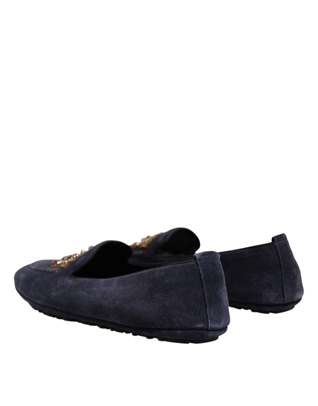 Chaussures Dolce & Gabbana Crown en daim bleu avec cristaux, loafers élégants pour homme ou femme, vue de face.