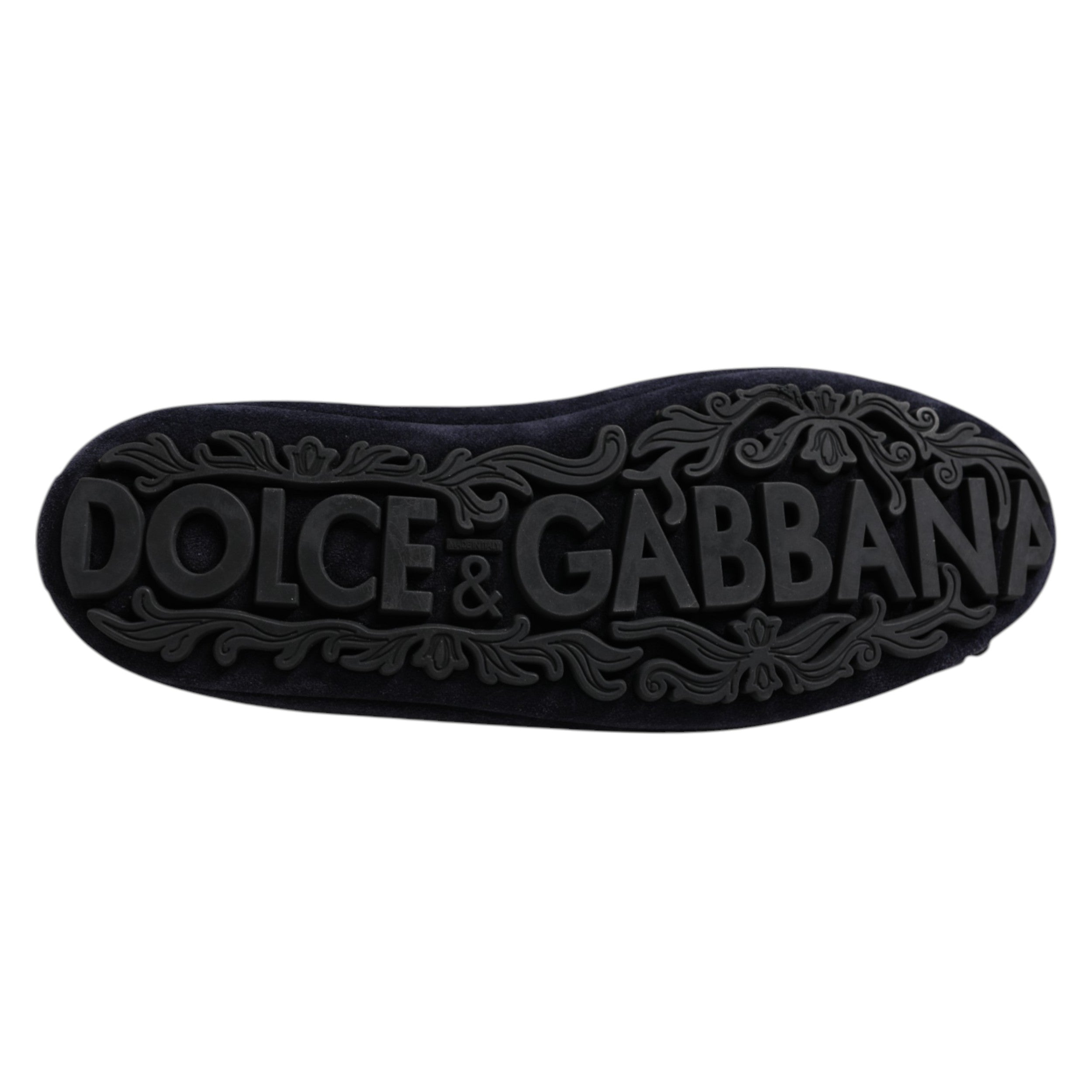 Chaussures habillées Dolce & Gabbana en daim bleu avec couronne en cristal, loafers élégants pour femmes.