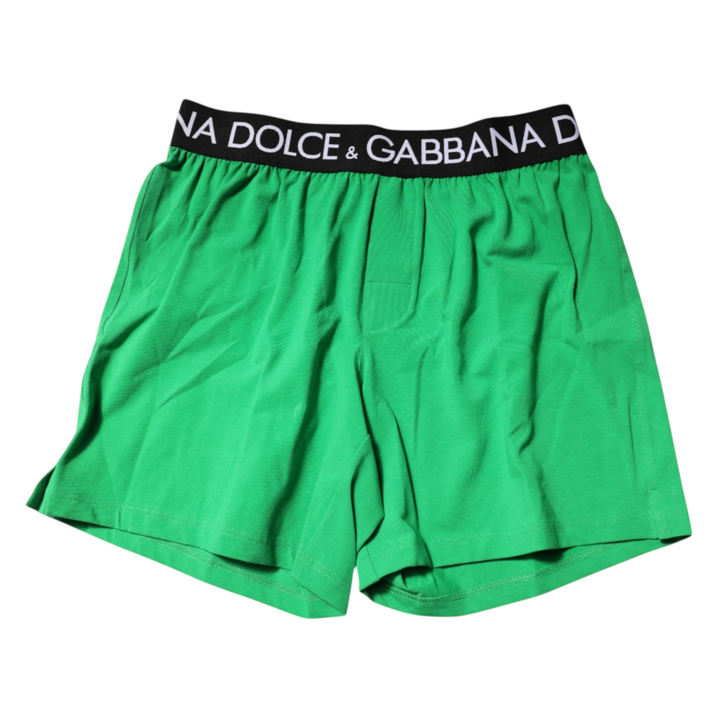 Boxers en coton vert Dolce & Gabbana, sous-vêtements masculins, coupe régulière, détails visibles sur le tissu et la ceinture.