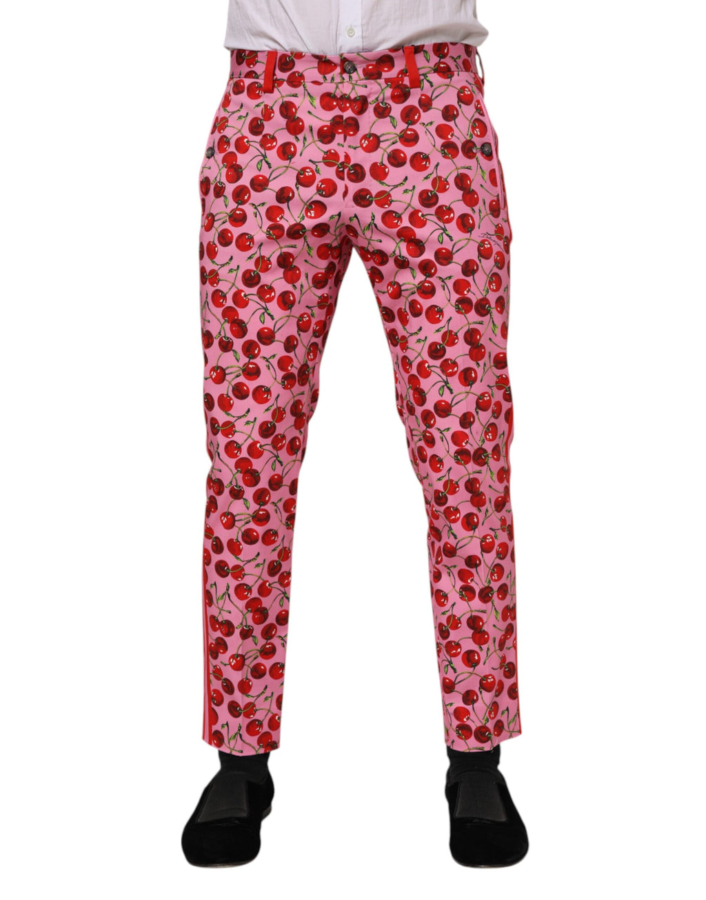 Pantalon en coton rose à imprimé cerise de Dolce & Gabbana, style élégant et décontracté.