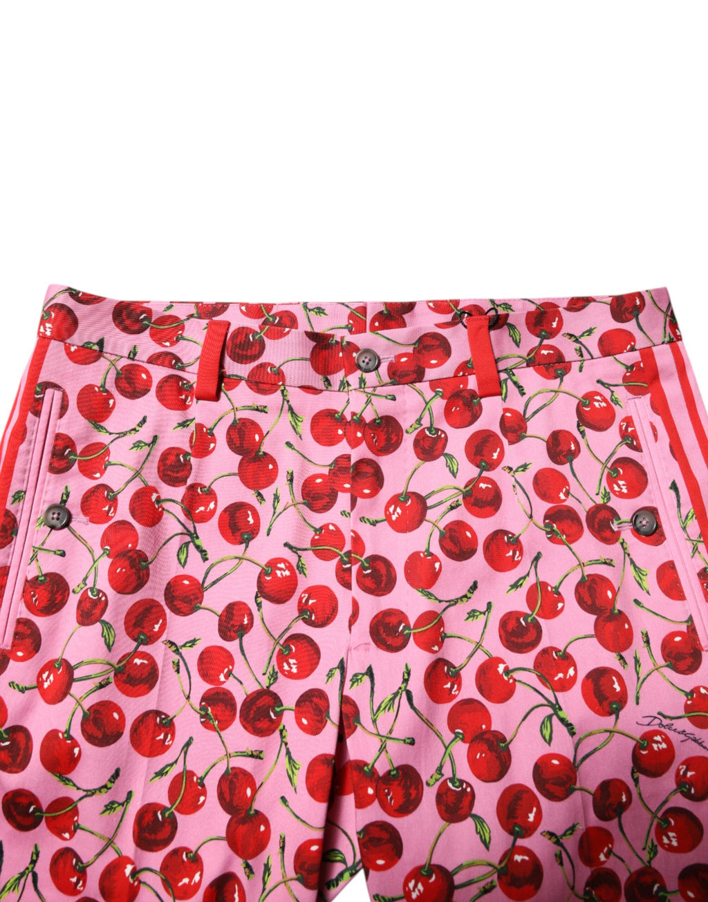 Pantalon en coton rose à imprimé cerise Dolce & Gabbana, style élégant et confortable, vue de face.