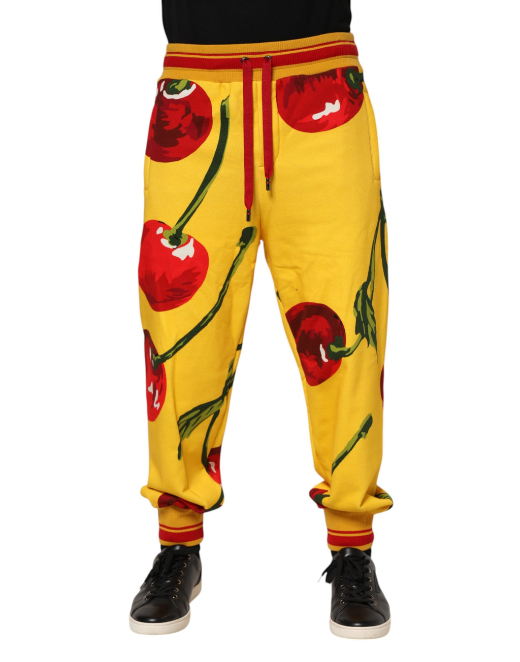 Pantalon jogging Dolce & Gabbana jaune avec motif cerise, style décontracté, en coton avec ceinture élastique.