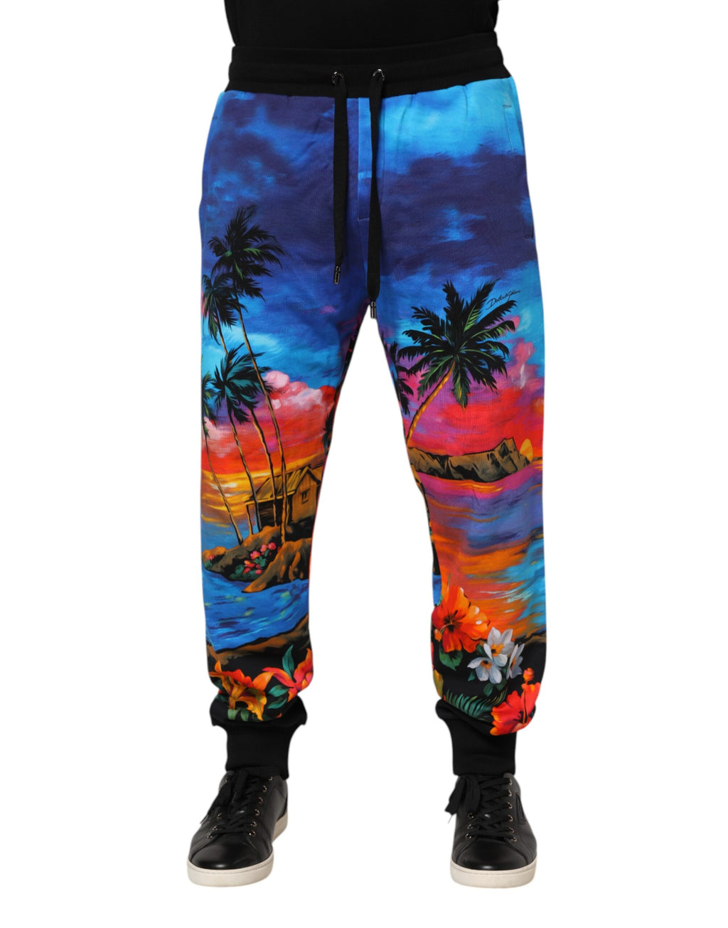 Pantalon jogging Dolce & Gabbana Blue Hawaiian imprimé avec motif floral, confort et style décontracté.