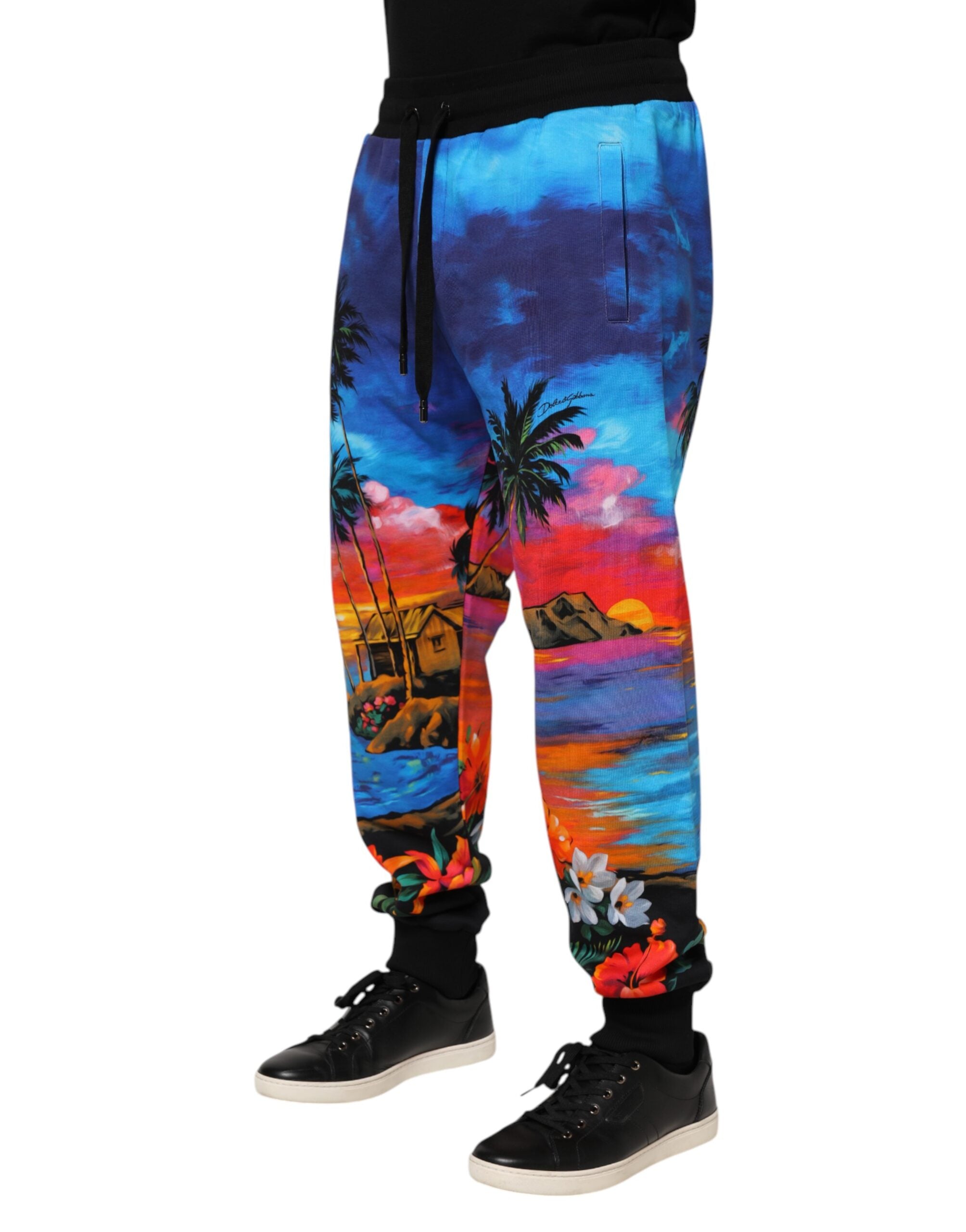 Pantalon de jogging Dolce & Gabbana Blue Hawaiian imprimé, sweatpants confortables avec motif tropical bleu.