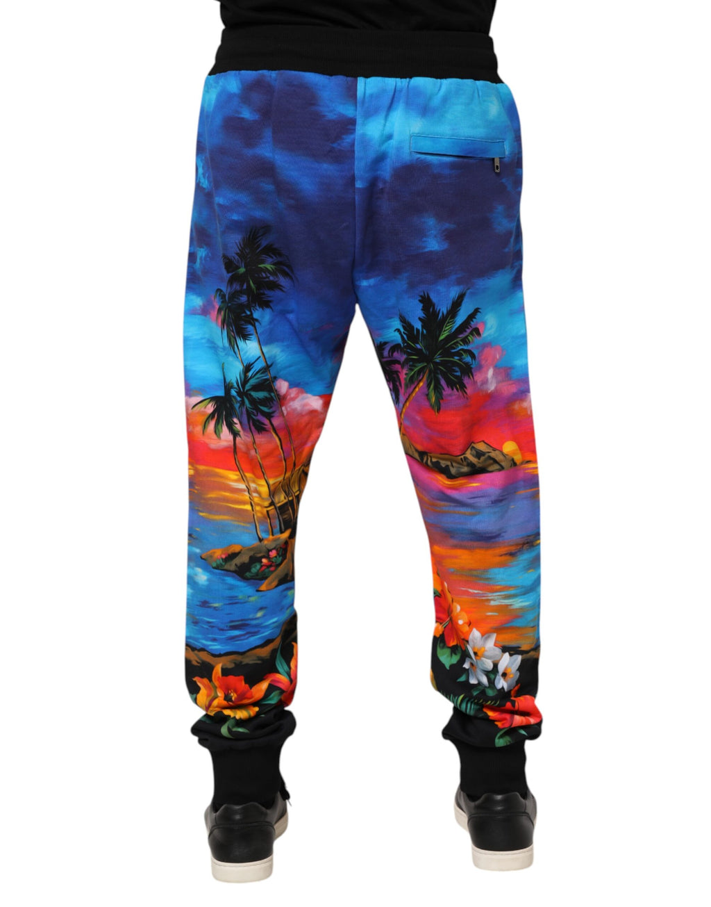Pantalon jogging Dolce & Gabbana Blue Hawaiian imprimé, pantalon de sport confortable avec motif tropical.
