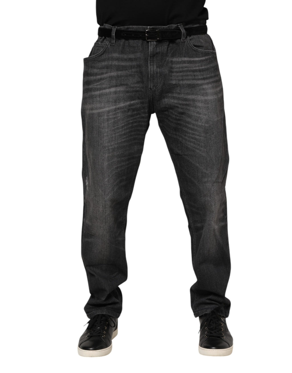 Jeans délavés en coton ample de Dolce & Gabbana, style décontracté et confortable, gris clair, vue de face.