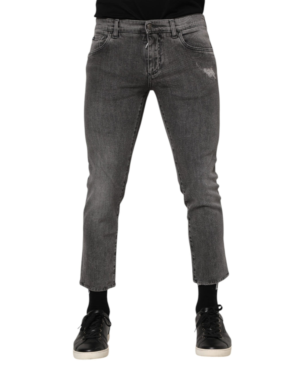 Jeans pour homme Dolce & Gabbana en coton gris avec plaque logo en denim, style décontracté et moderne.