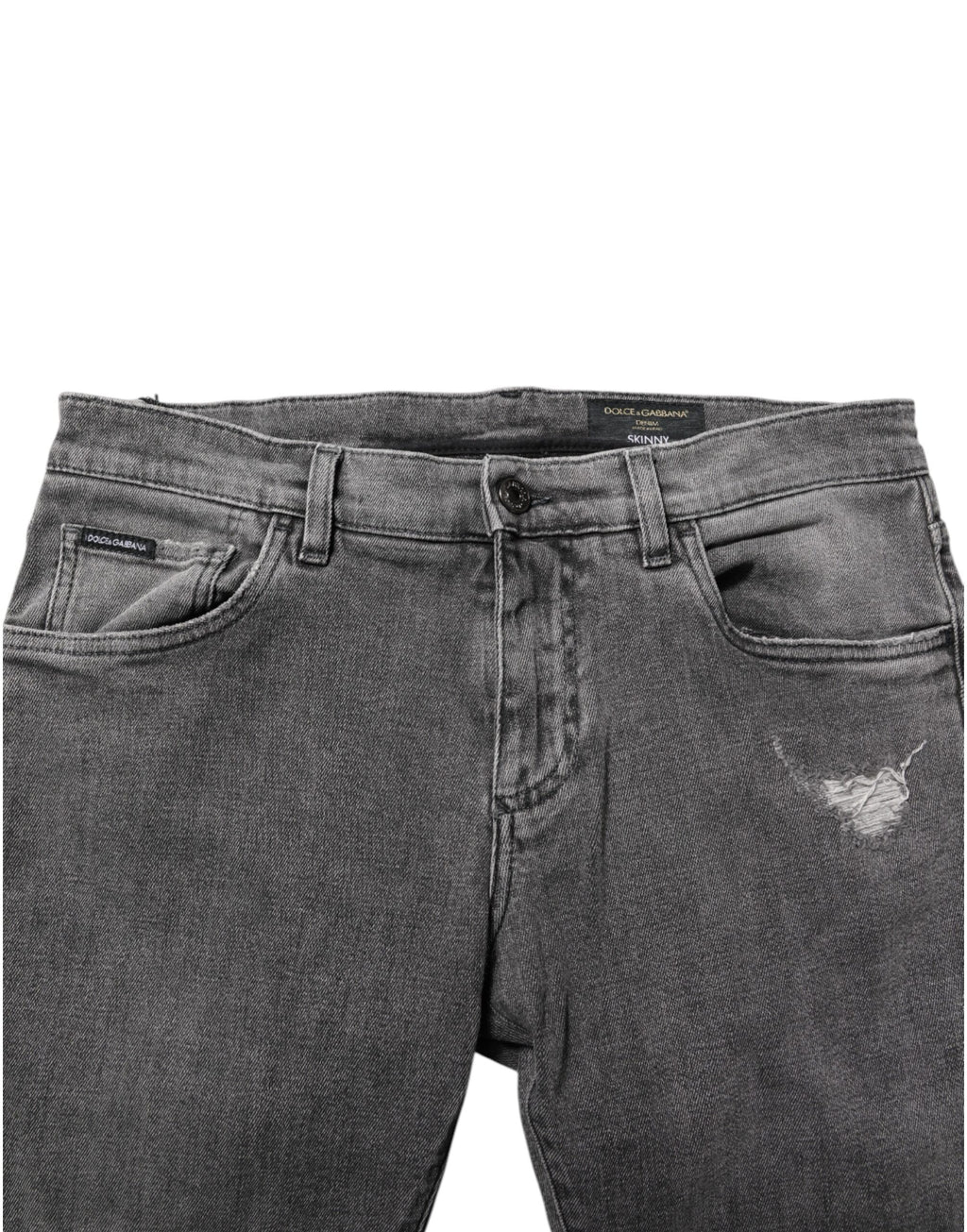 Jeans homme en denim gris Dolce & Gabbana avec logo en plaque en coton, style décontracté et moderne.