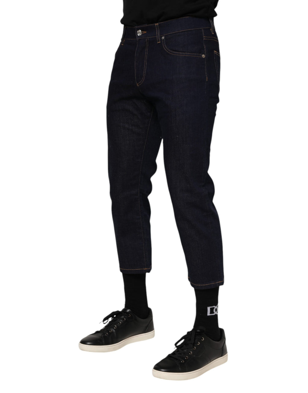 Jeans homme en denim slim fit bleu foncé Dolce & Gabbana en coton, avec logo visible et design ajusté.
